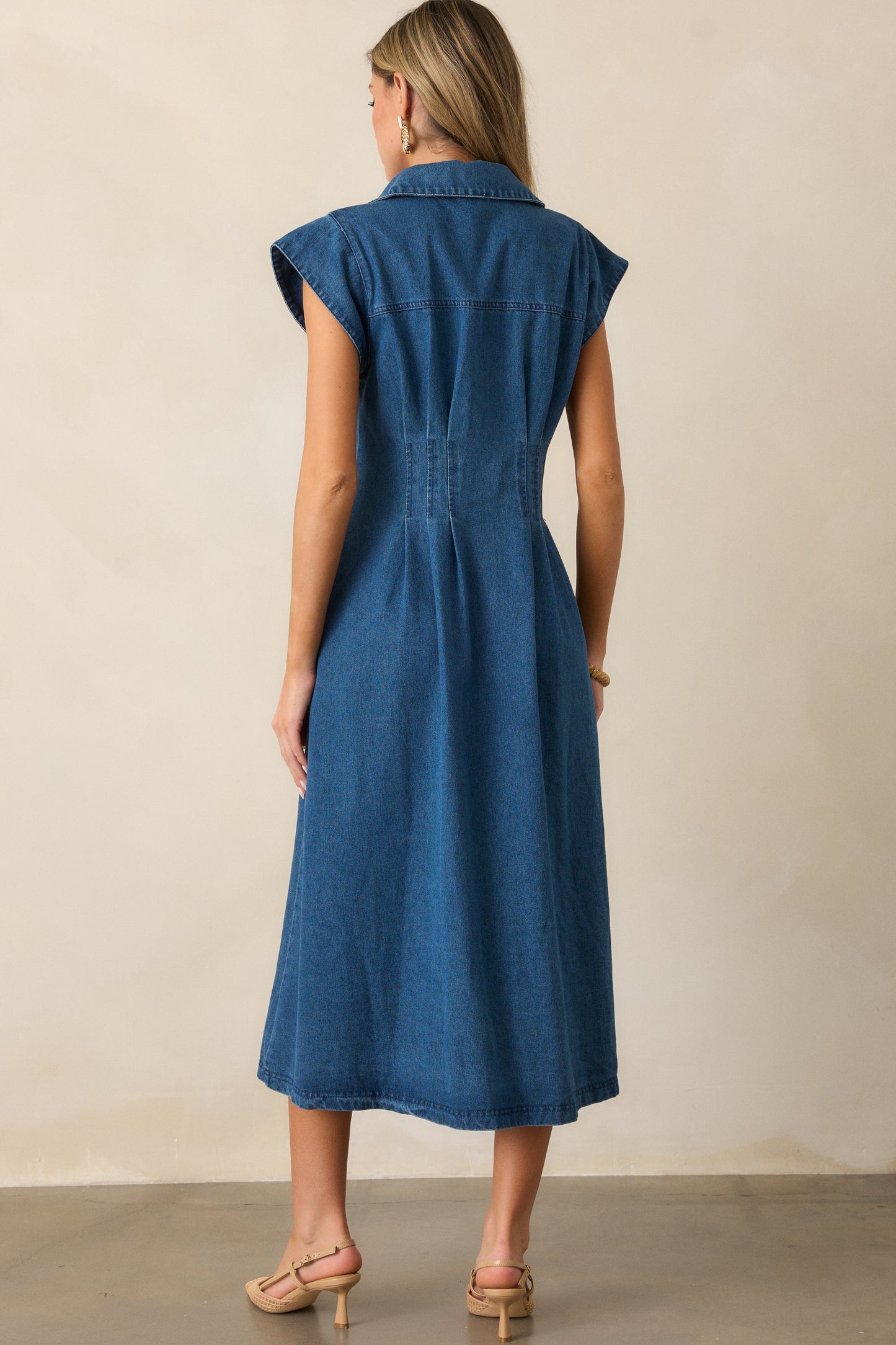 Classic Tea Party Dark Wash Denim Button Front Pleated Midi Dress