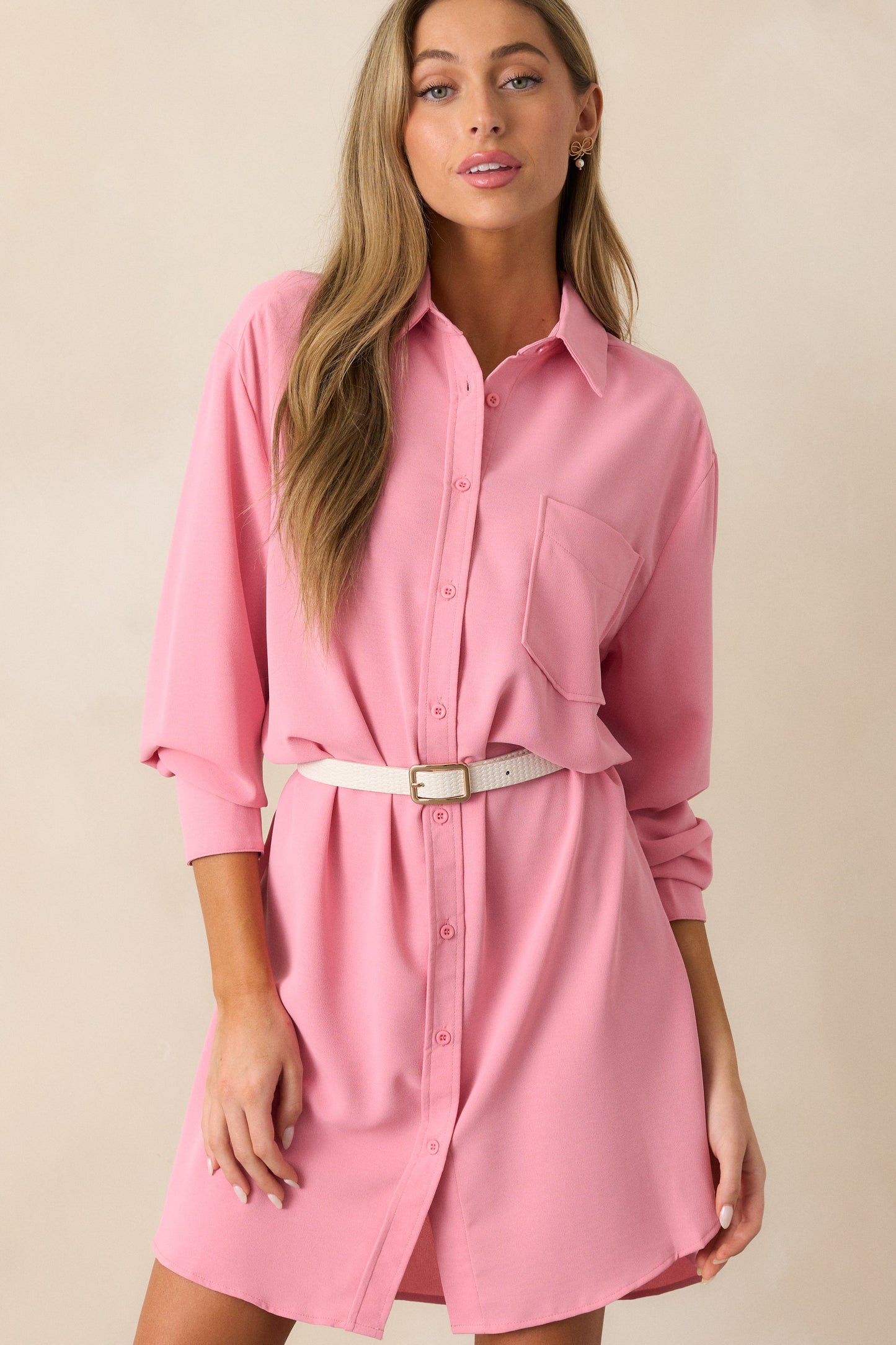 Finding Comfort Pink Button Front Mini Shirt Dress