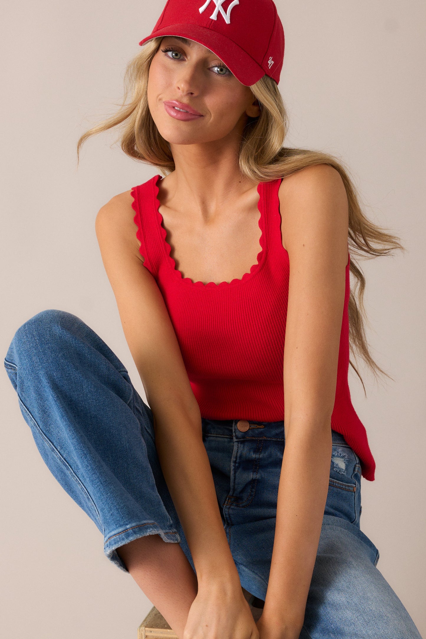 Go Getter Red Scallop Knit Tank Top