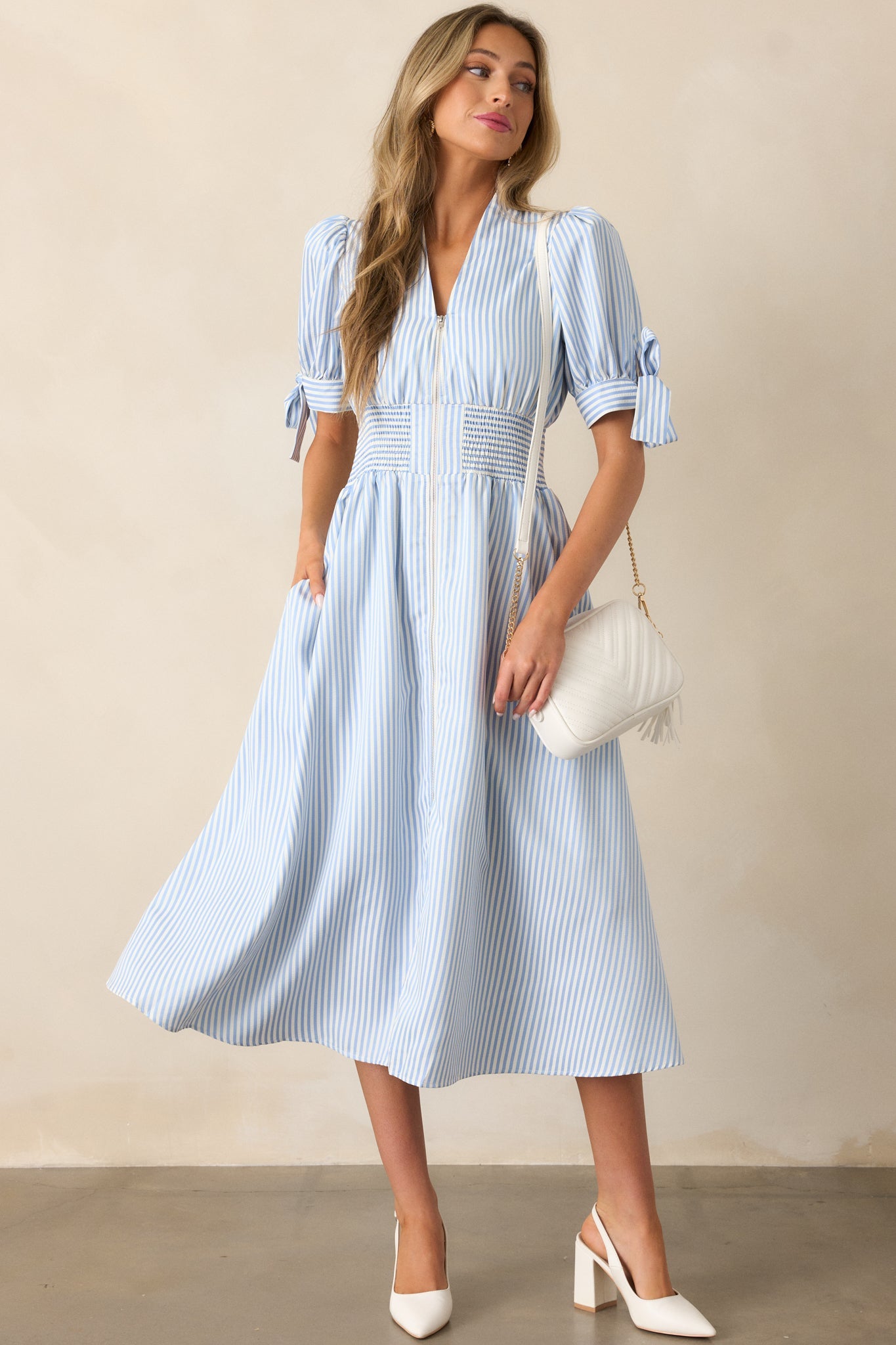 Afternoon Tea Sky Blue Stripe Zip Front Midi Dress