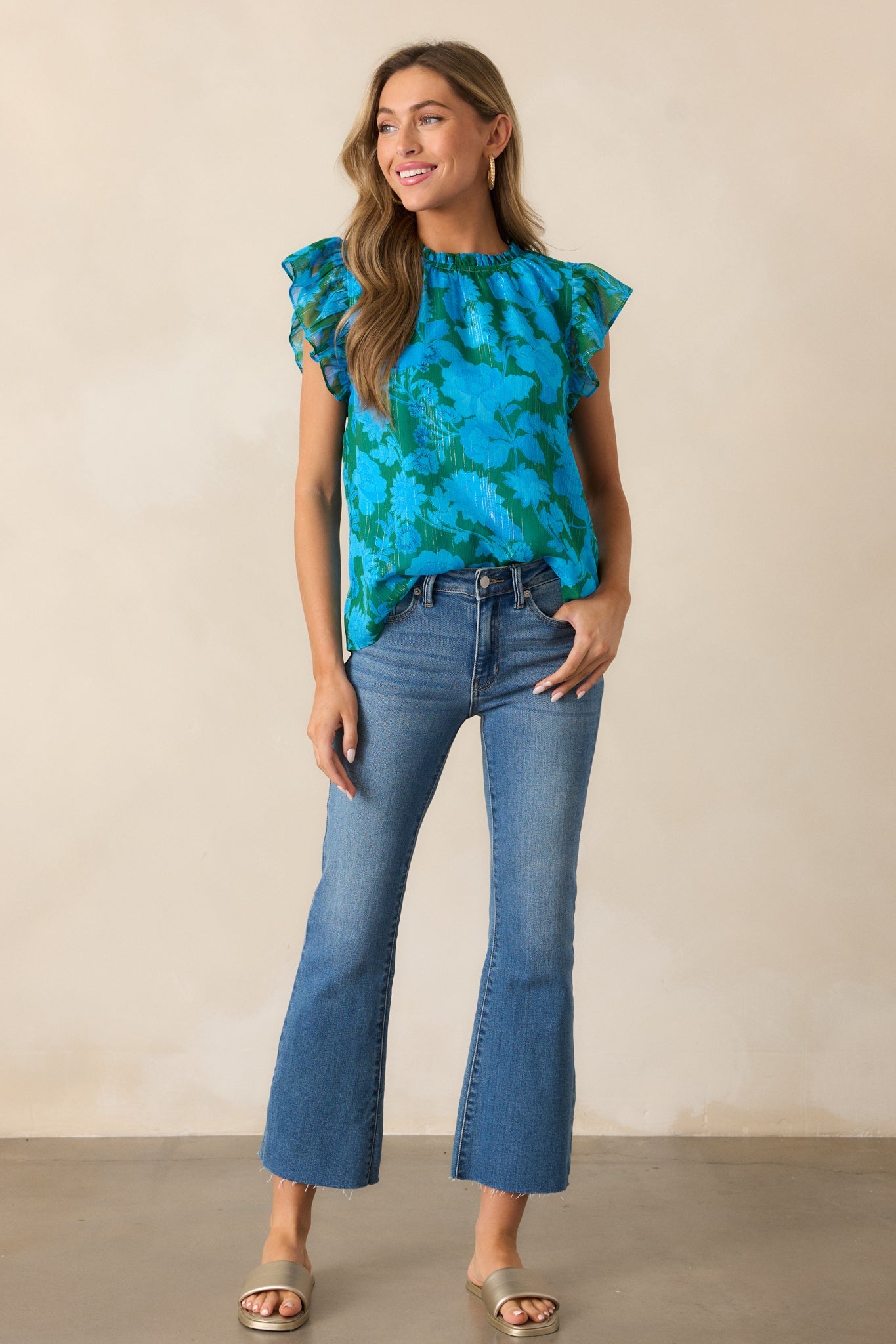 Enchanted Beams Blue Floral Flutter Sleeve Blouse