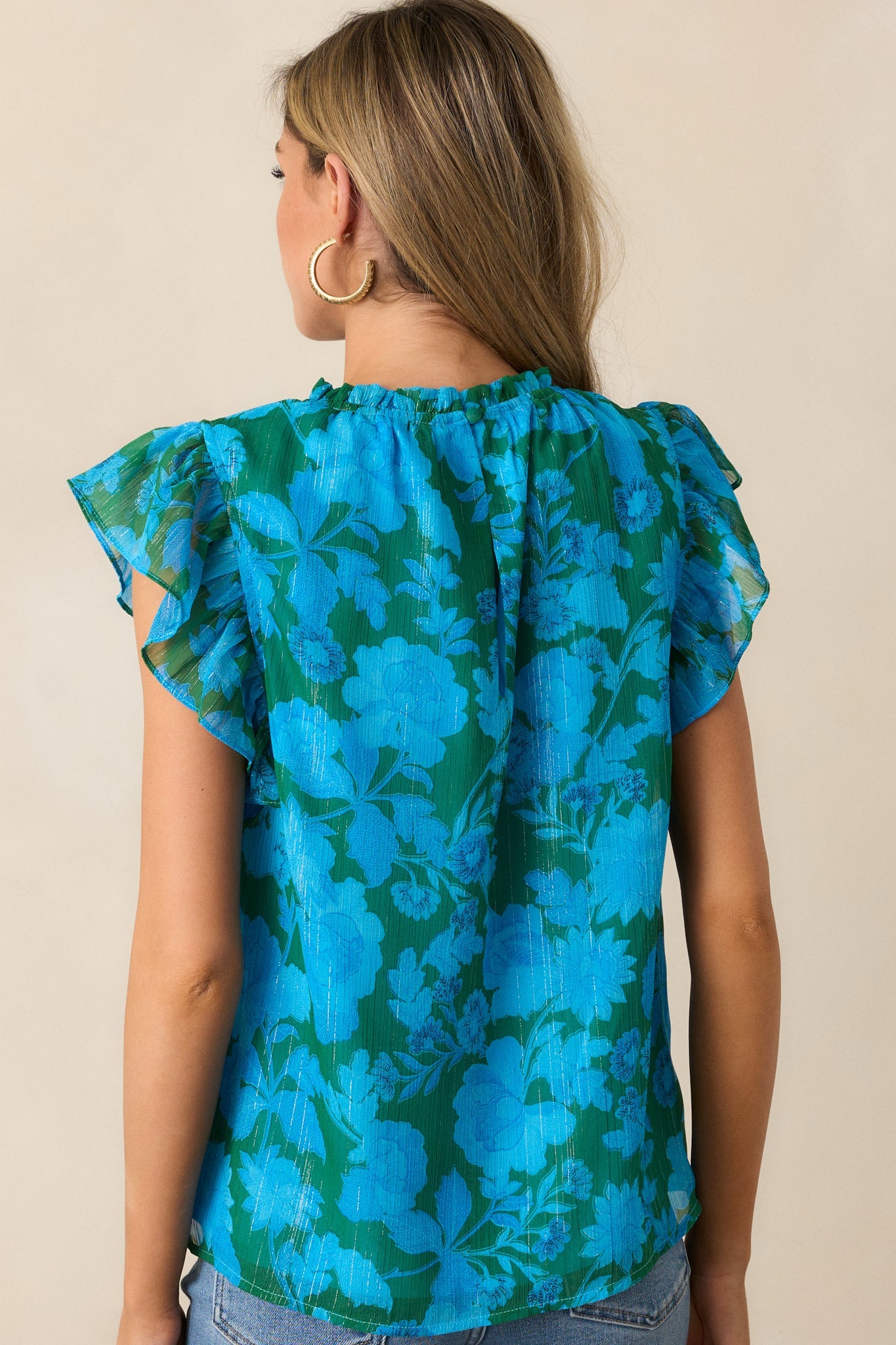 Enchanted Beams Blue Floral Flutter Sleeve Blouse