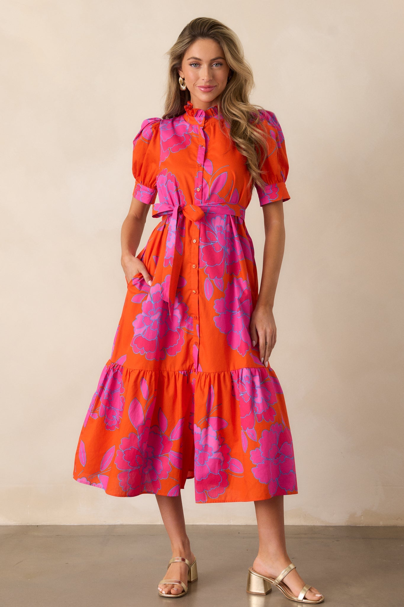 Free To Fly Cotton Orange Floral Button Front Midi Dress