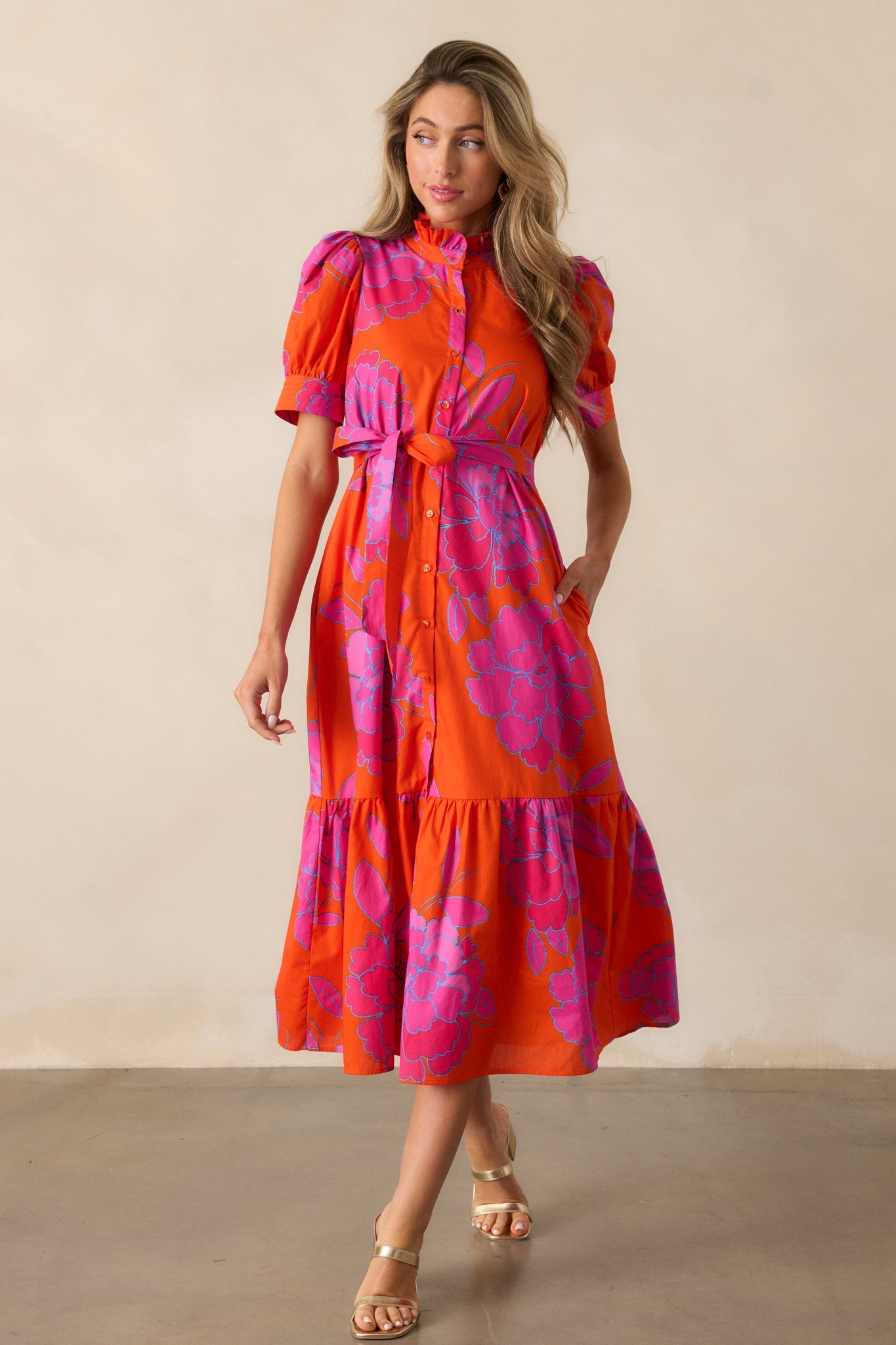Free To Fly Cotton Orange Floral Button Front Midi Dress