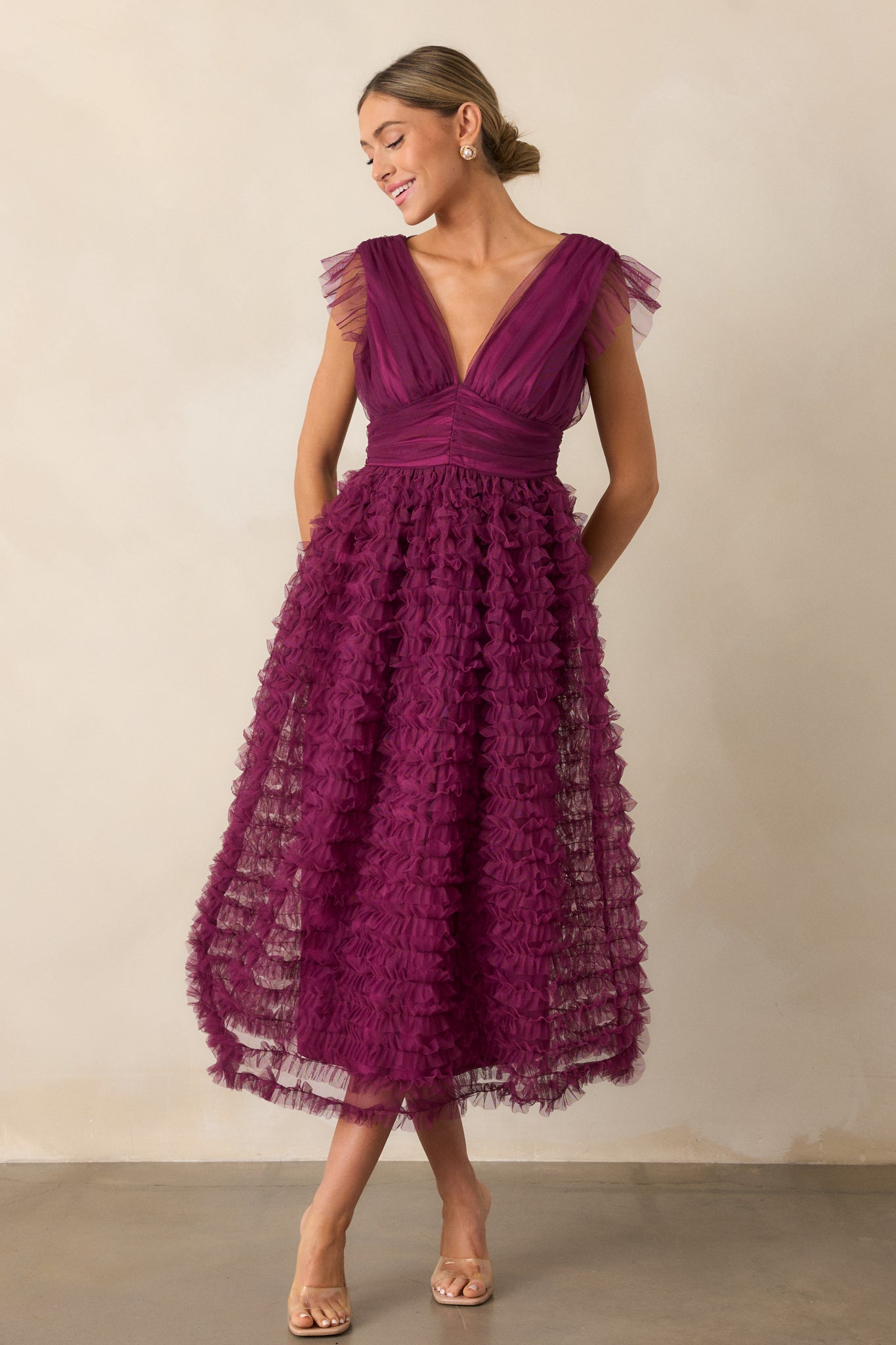 Fearless Hearts Plum Ruffle Midi Dress