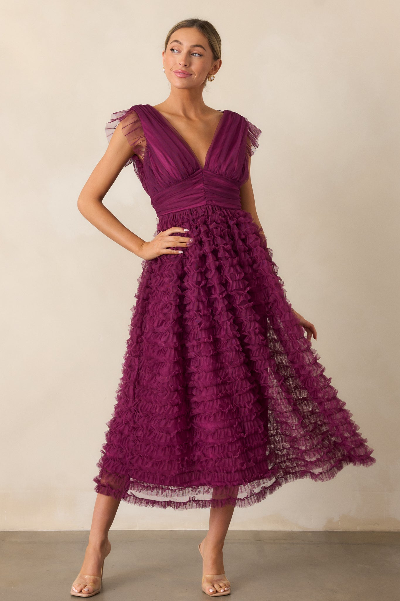 Fearless Hearts Plum Ruffle Midi Dress