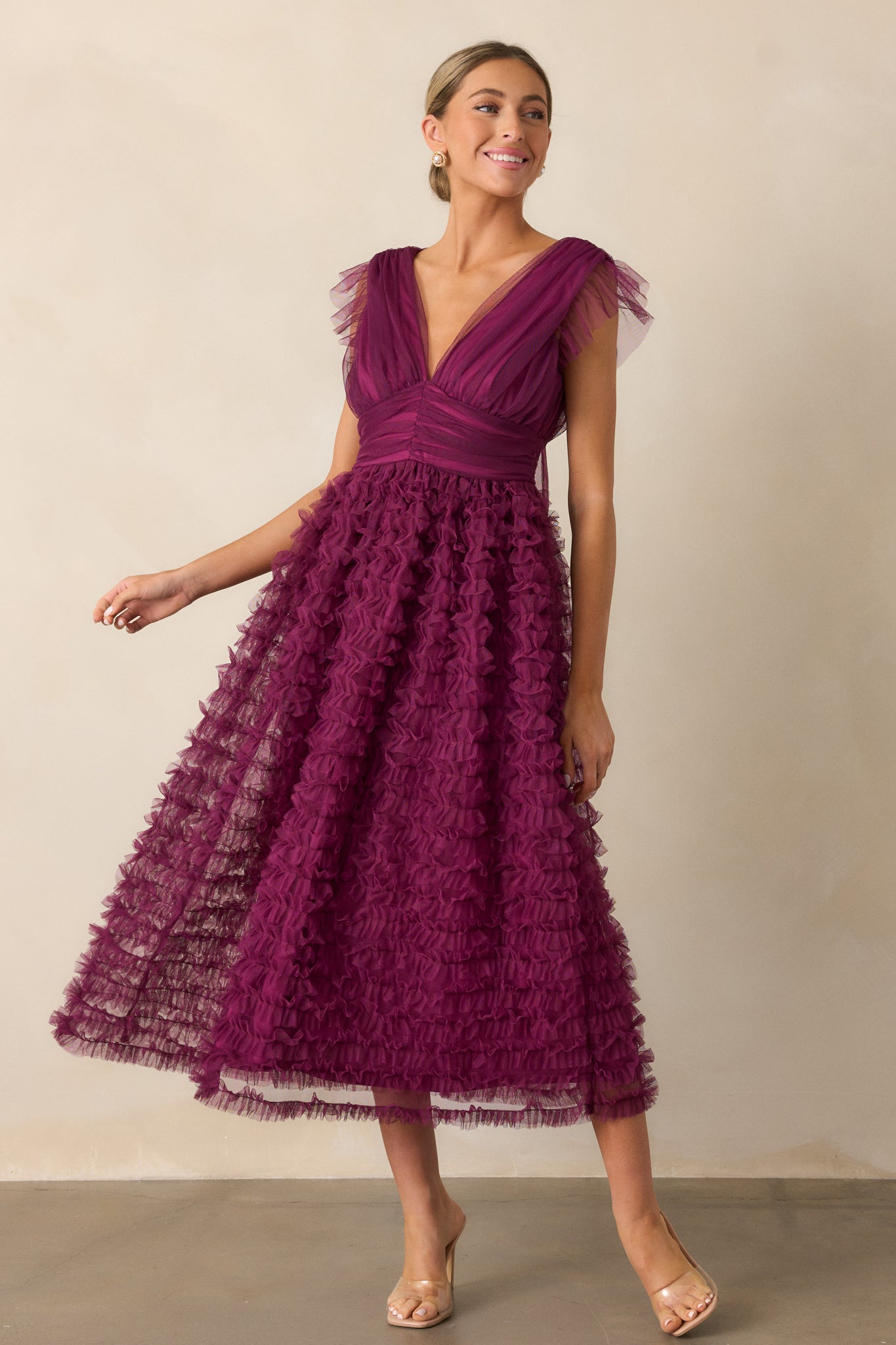 Fearless Hearts Plum Ruffle Midi Dress