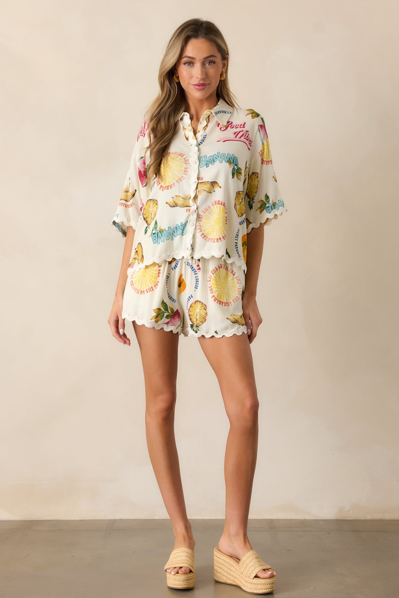 Island Time Ivory Tropical Fruit Print Button Front Top
