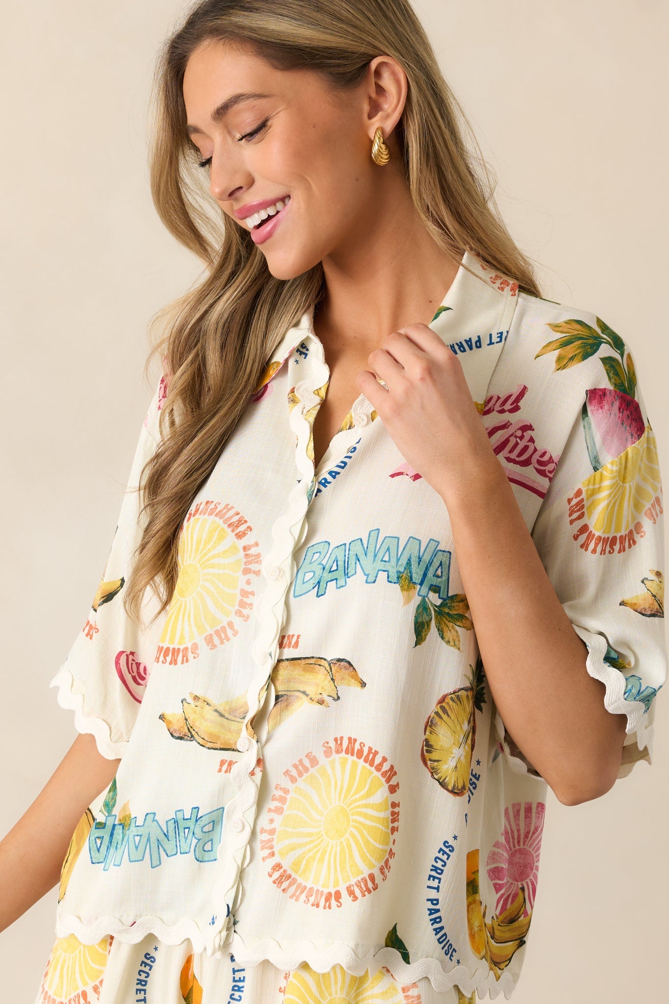 Island Time Ivory Tropical Fruit Print Button Front Top