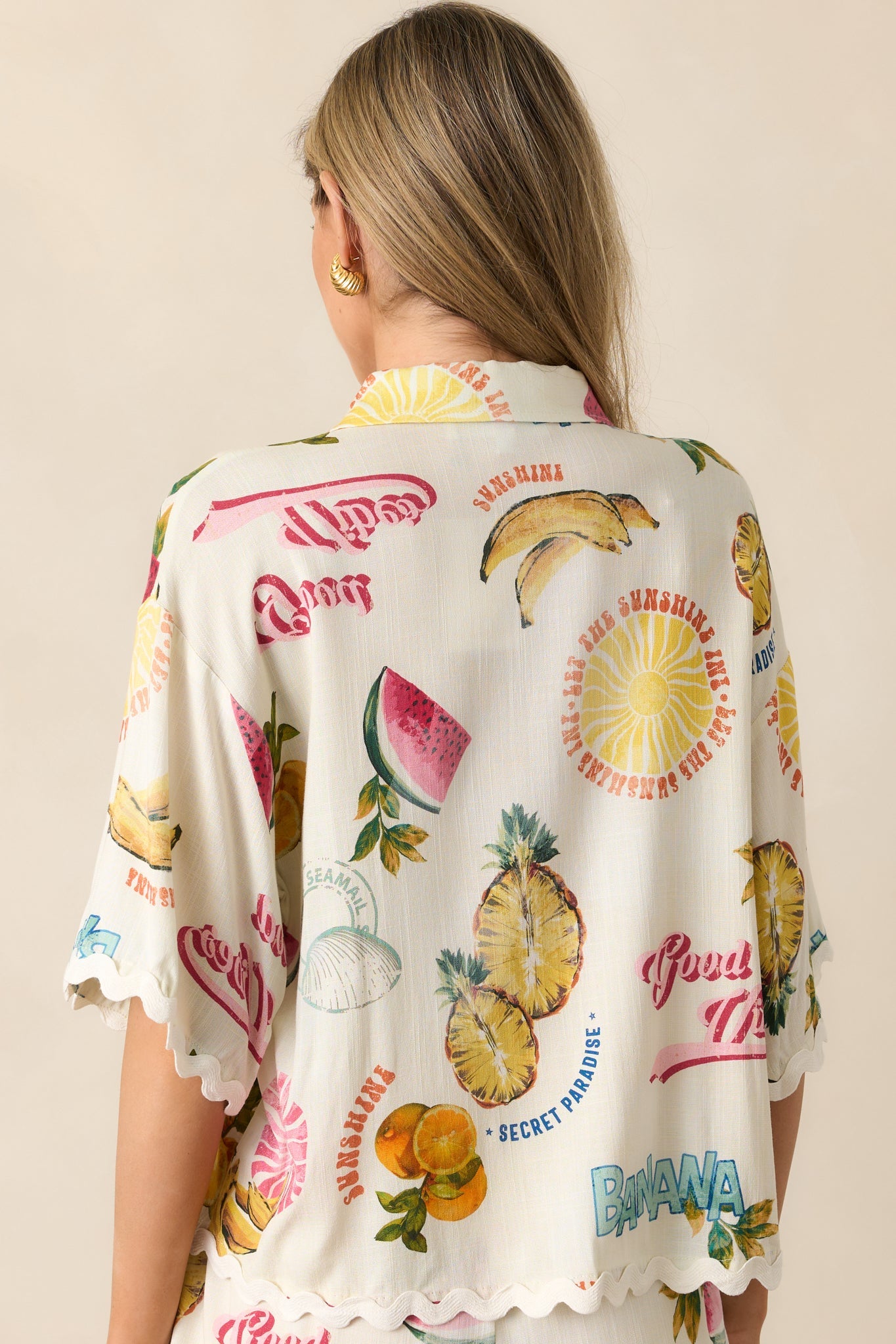 Island Time Ivory Tropical Fruit Print Button Front Top