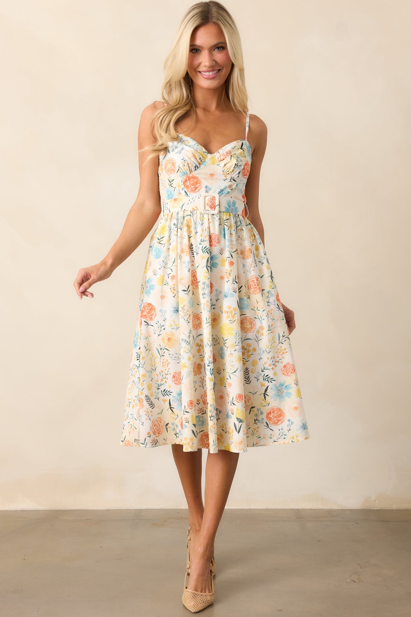 Garden Harvest Ivory Floral Belted Cotton Midi Dress