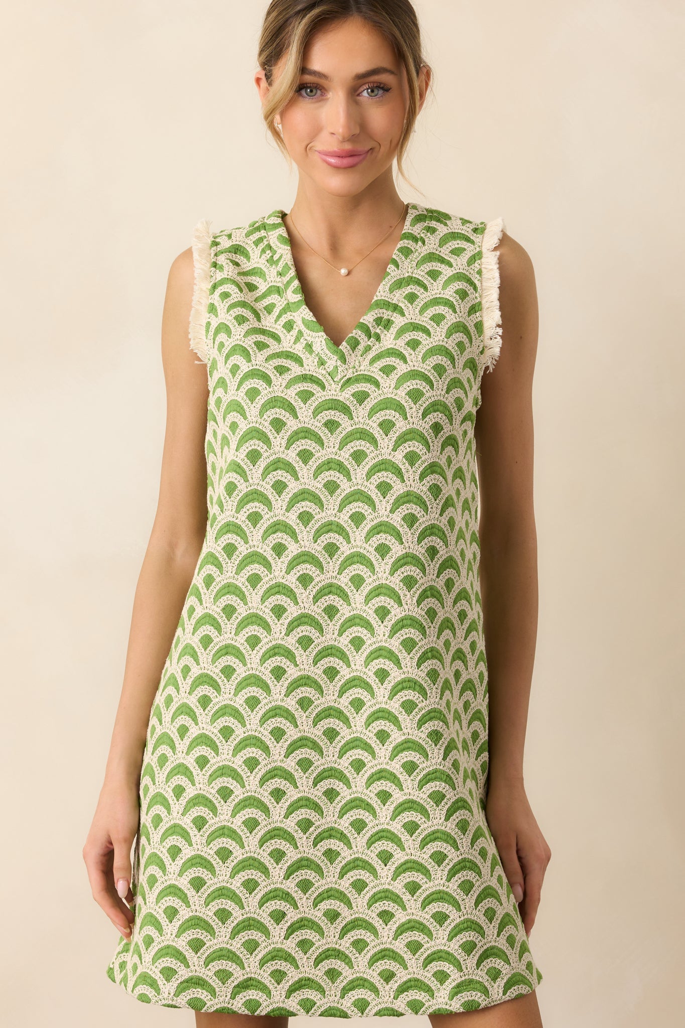 Just Enough Light Green Embroidered Mini Shift Dress