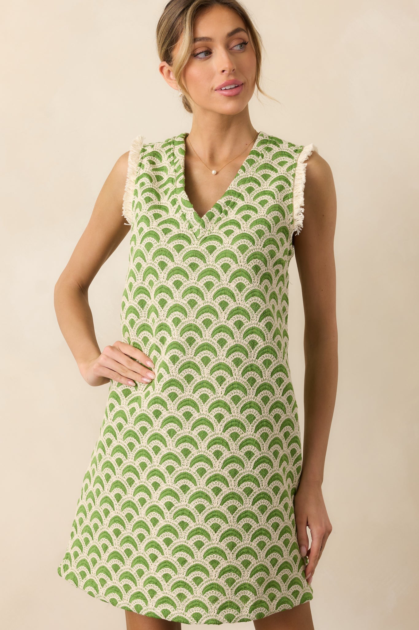 Just Enough Light Green Embroidered Mini Shift Dress