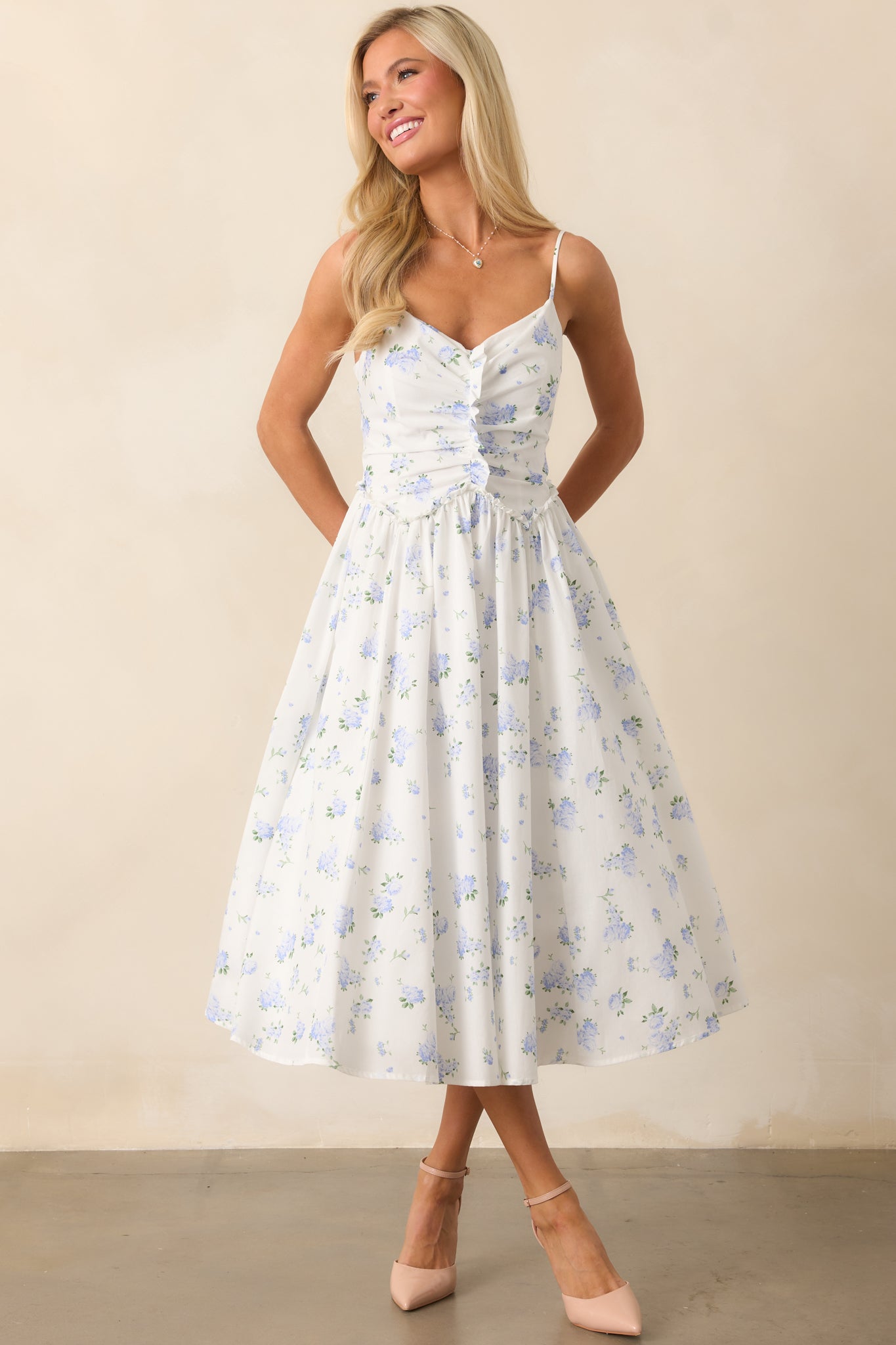 Garden Treasures Light Blue Floral Cotton Midi Dress