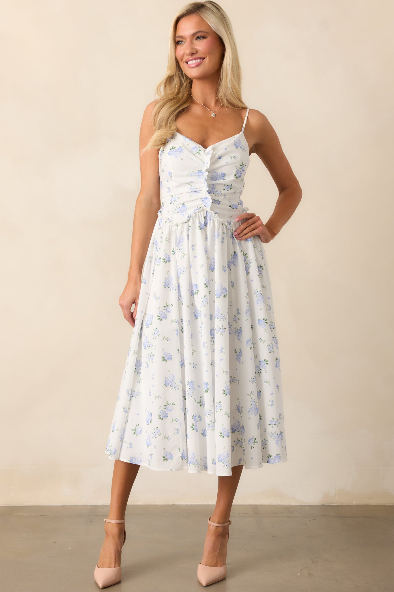 Garden Treasures Light Blue Floral Cotton Midi Dress
