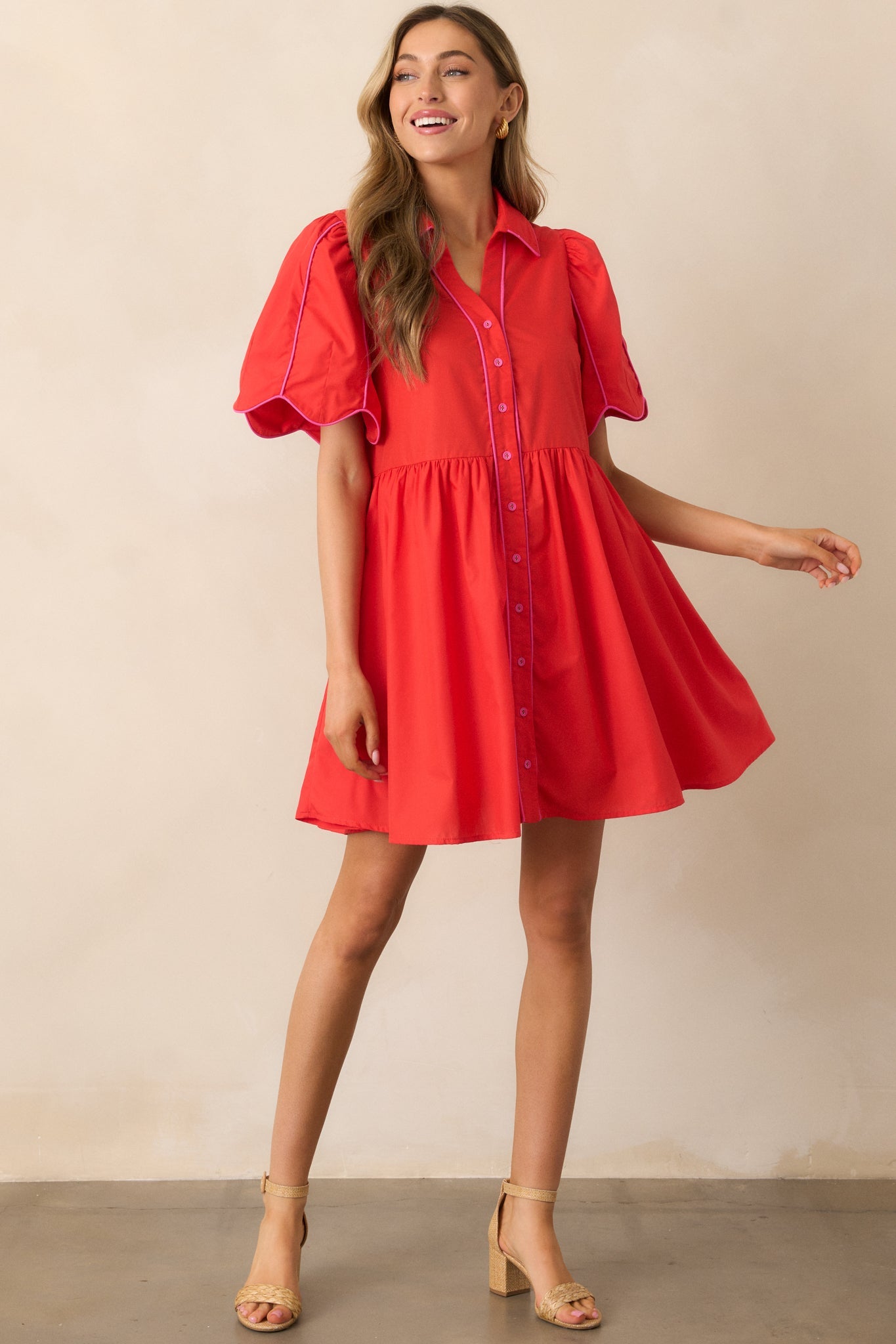 Diner Down The Road Red Button Front Mini Dress