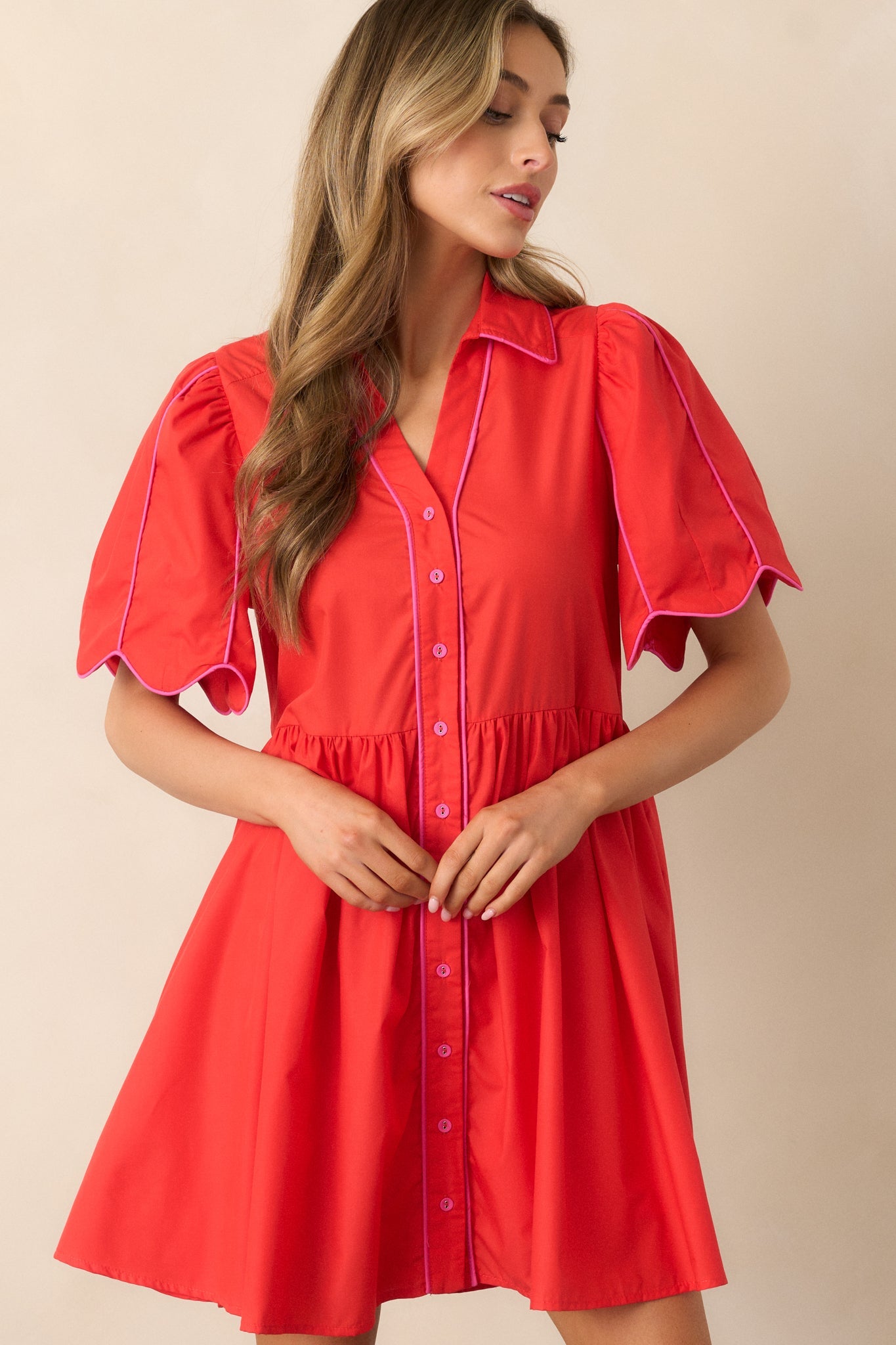 Diner Down The Road Red Button Front Mini Dress
