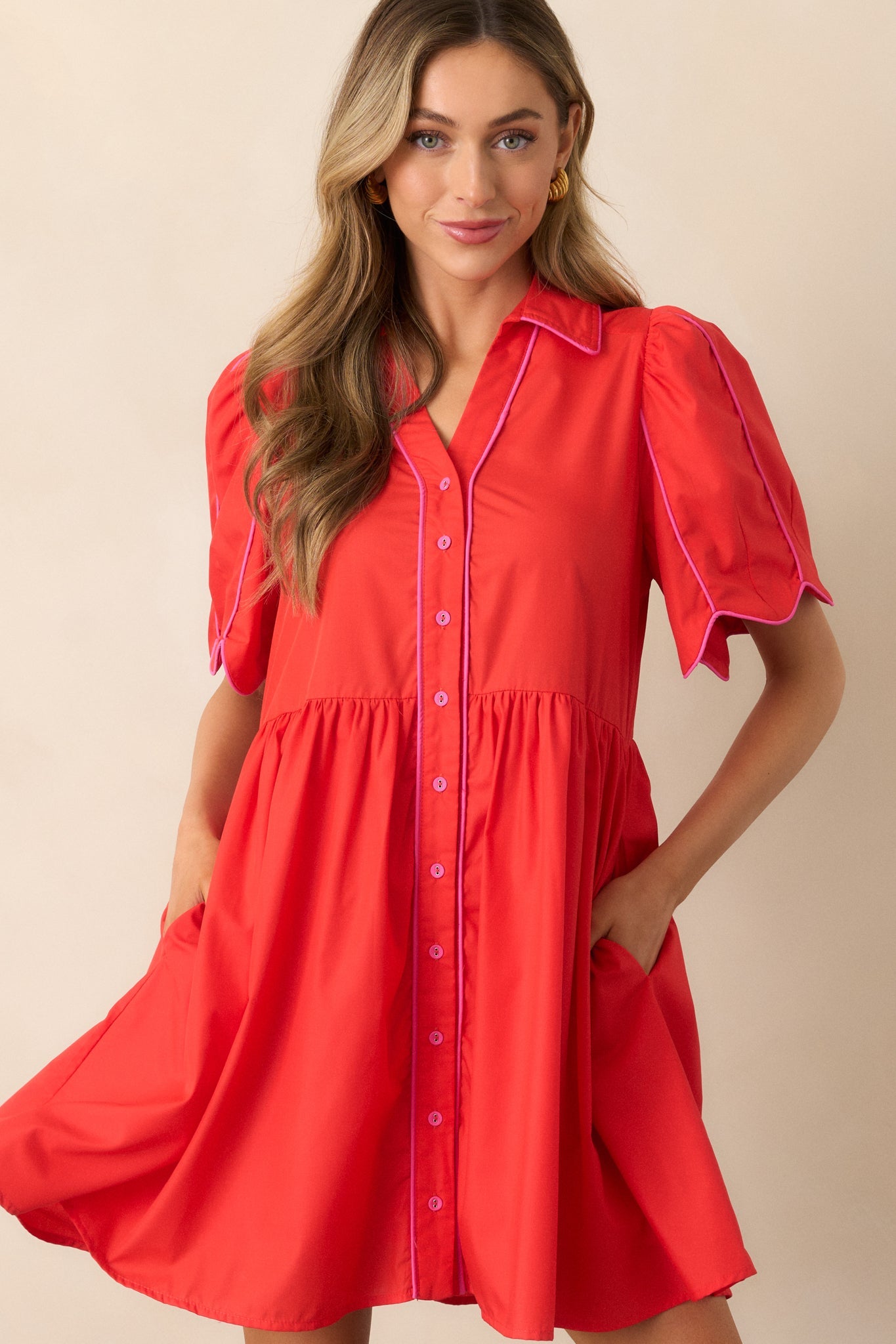 Diner Down The Road Red Button Front Mini Dress