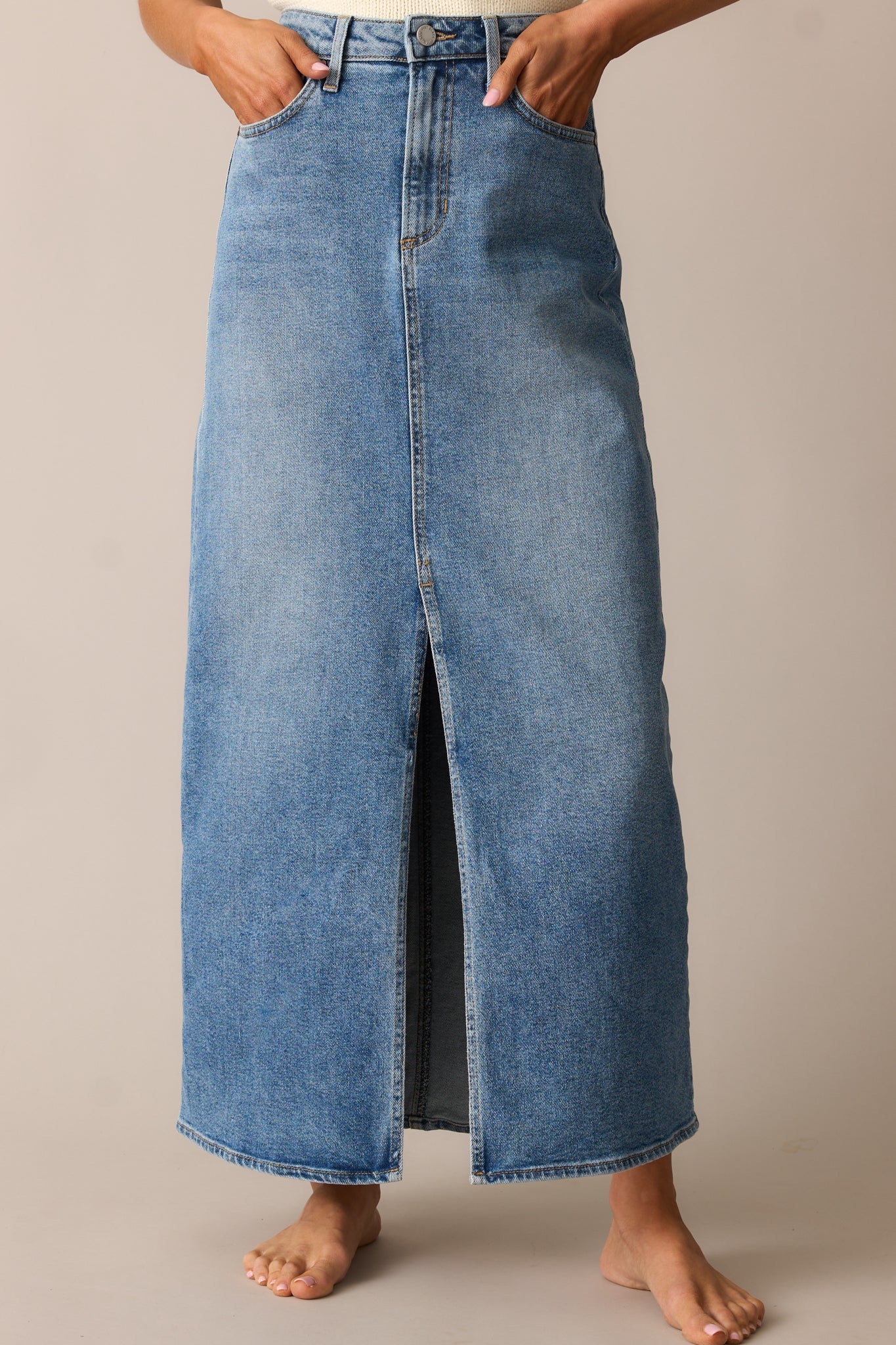 Days Of Dreaming Medium Wash Denim Midi Skirt