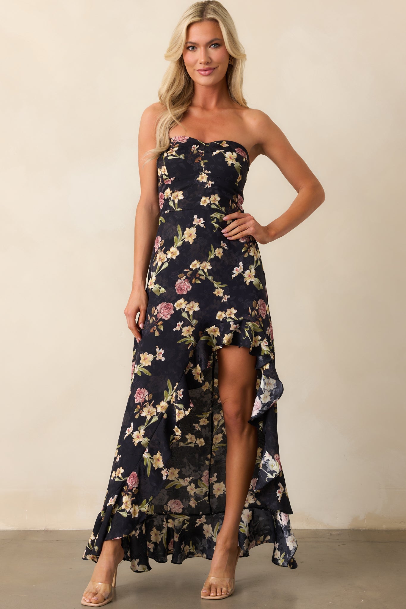 Ever After Deep Navy Floral Jacquard Strapless High Low Dress