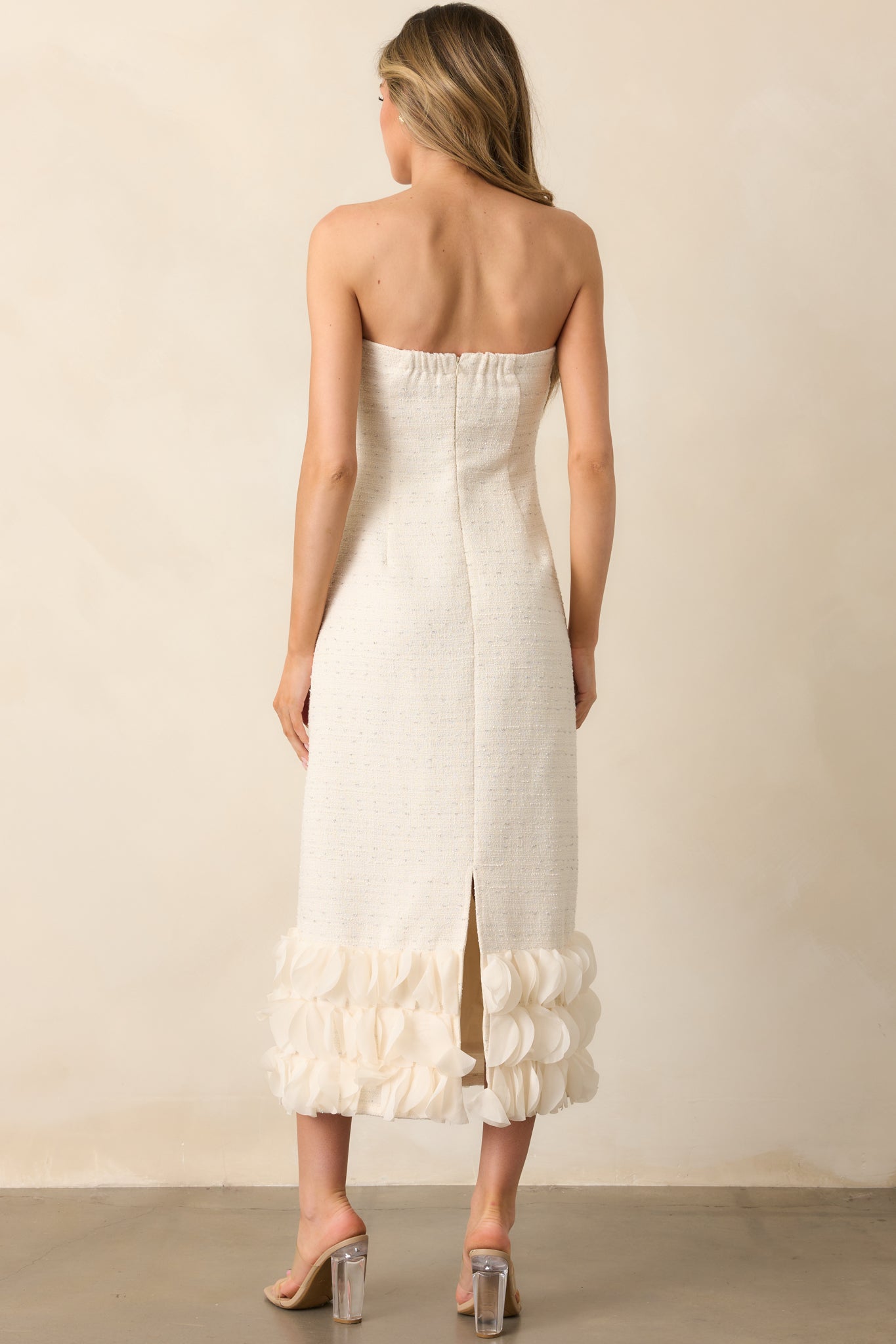 Caught In The Moment Ivory Tweed Strapless Midi Dress