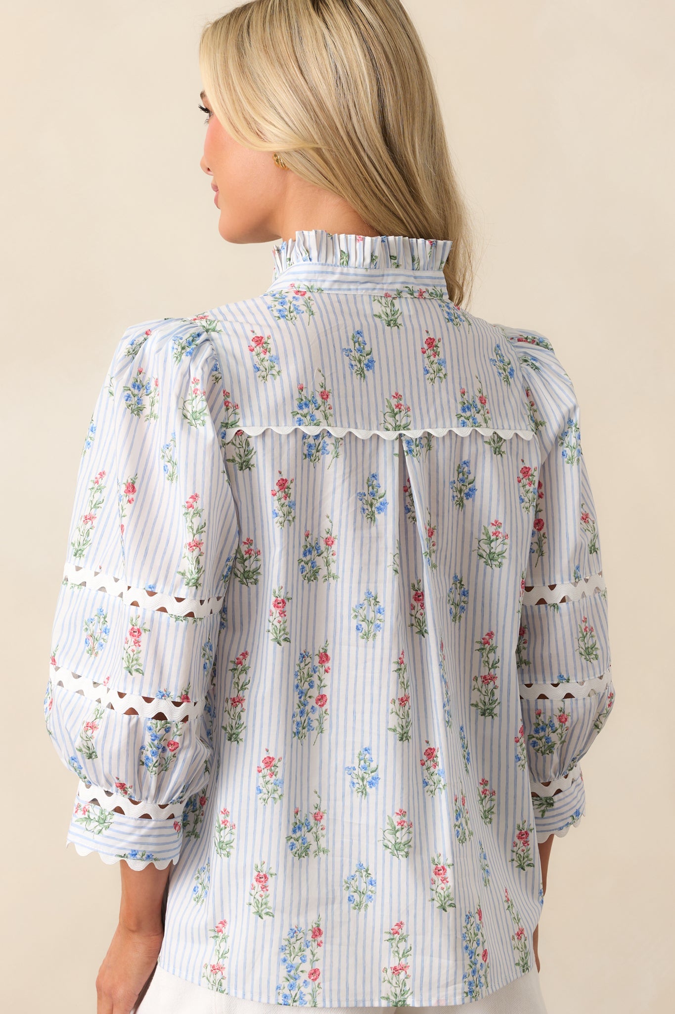 For Keeps Light Blue Stripe Floral Cotton Button Front Top