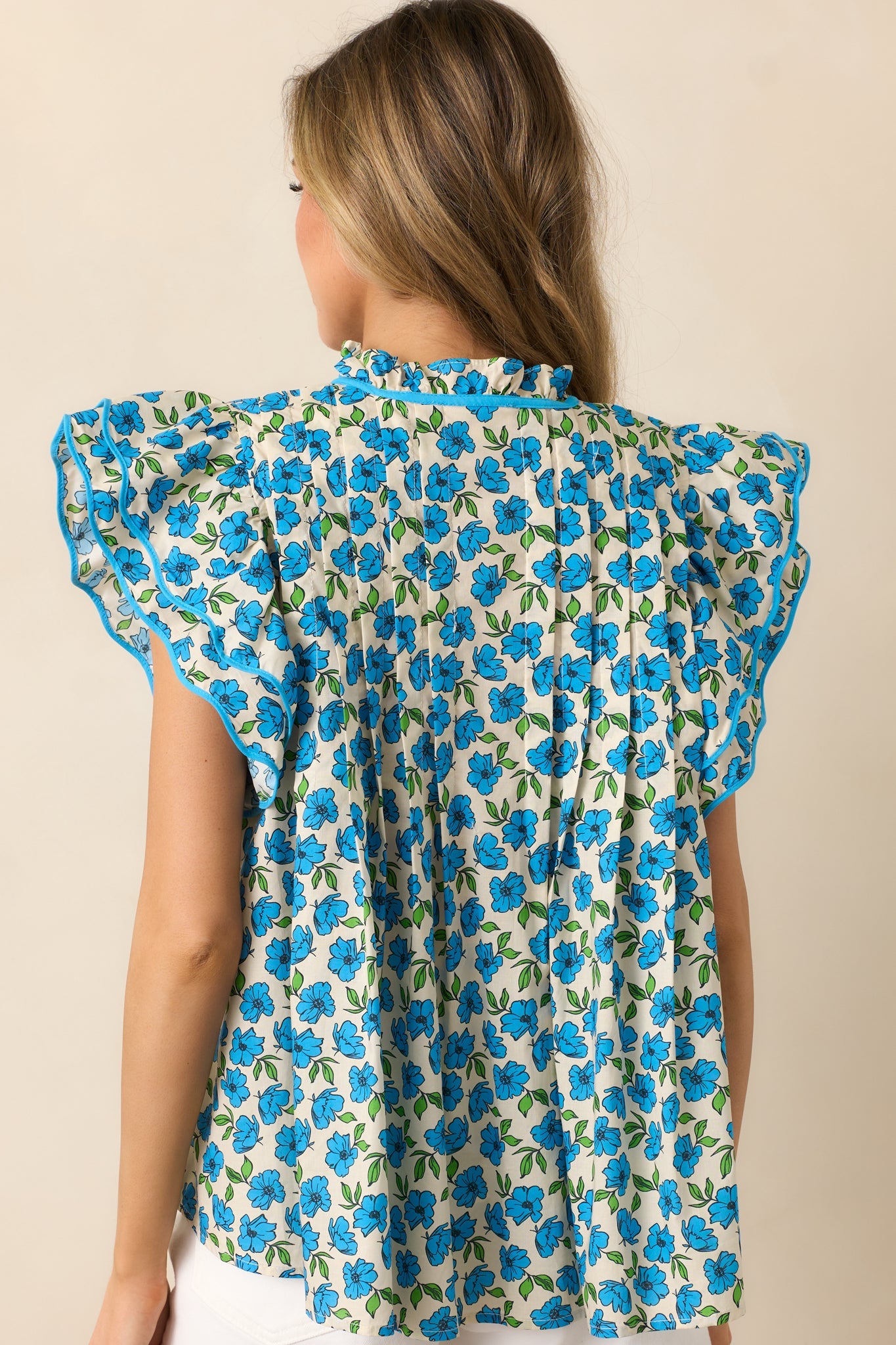 Window Shopping Blue Floral Cotton Flutter Sleeve Top