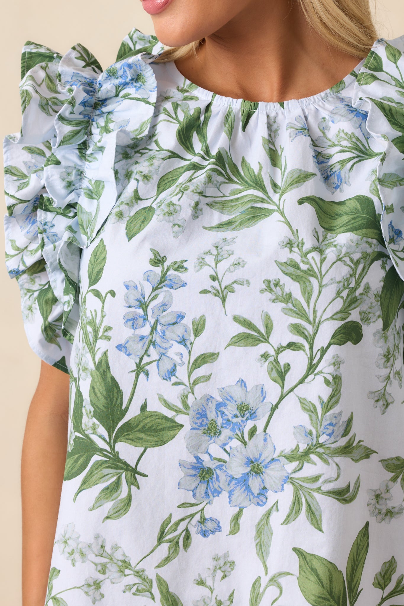 Charlotte Blue Lilacs Botanical Print Cotton Ruffle Top