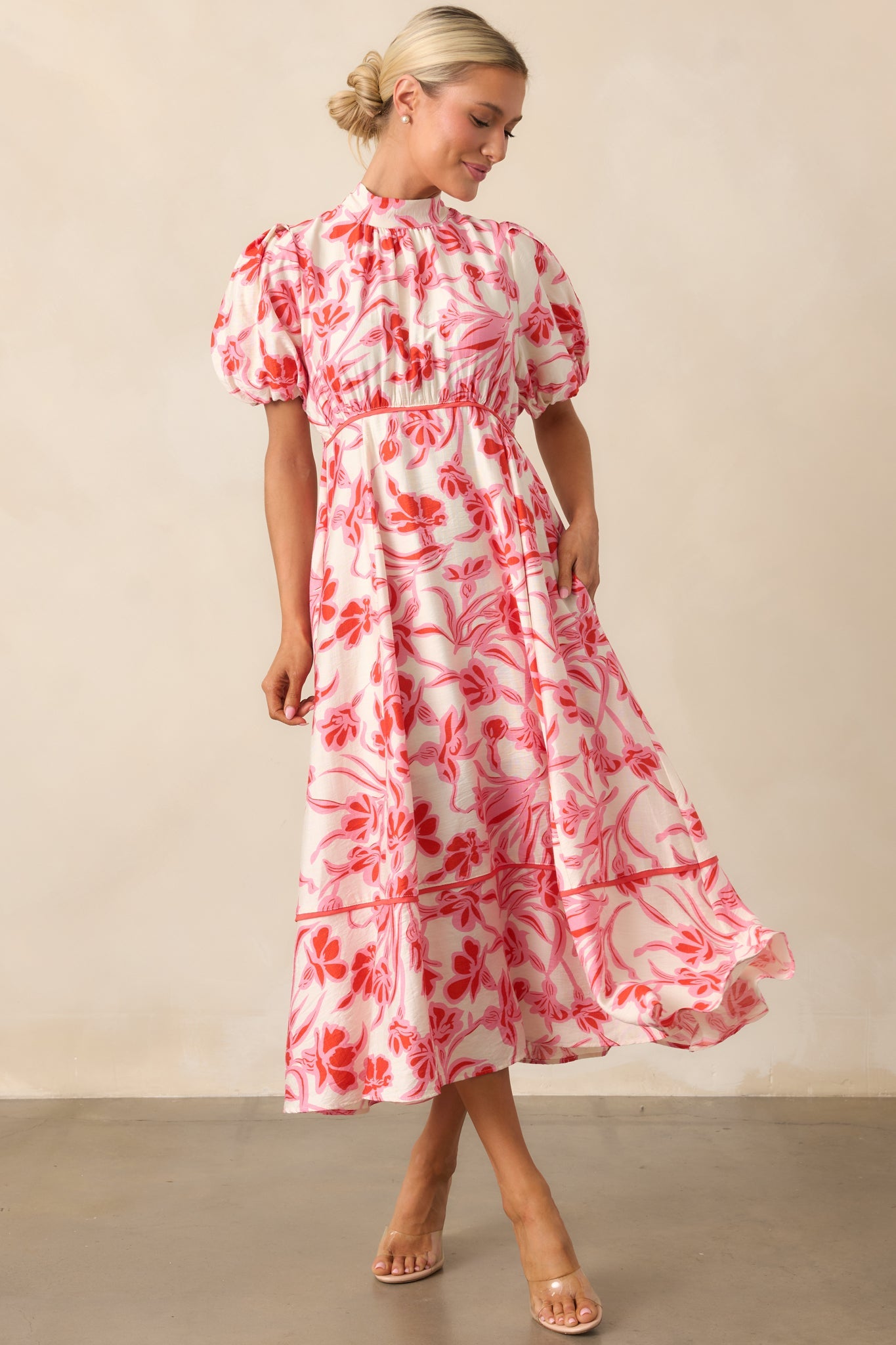 Blooming Season Pink Floral Puff Sleeve Midi Dress