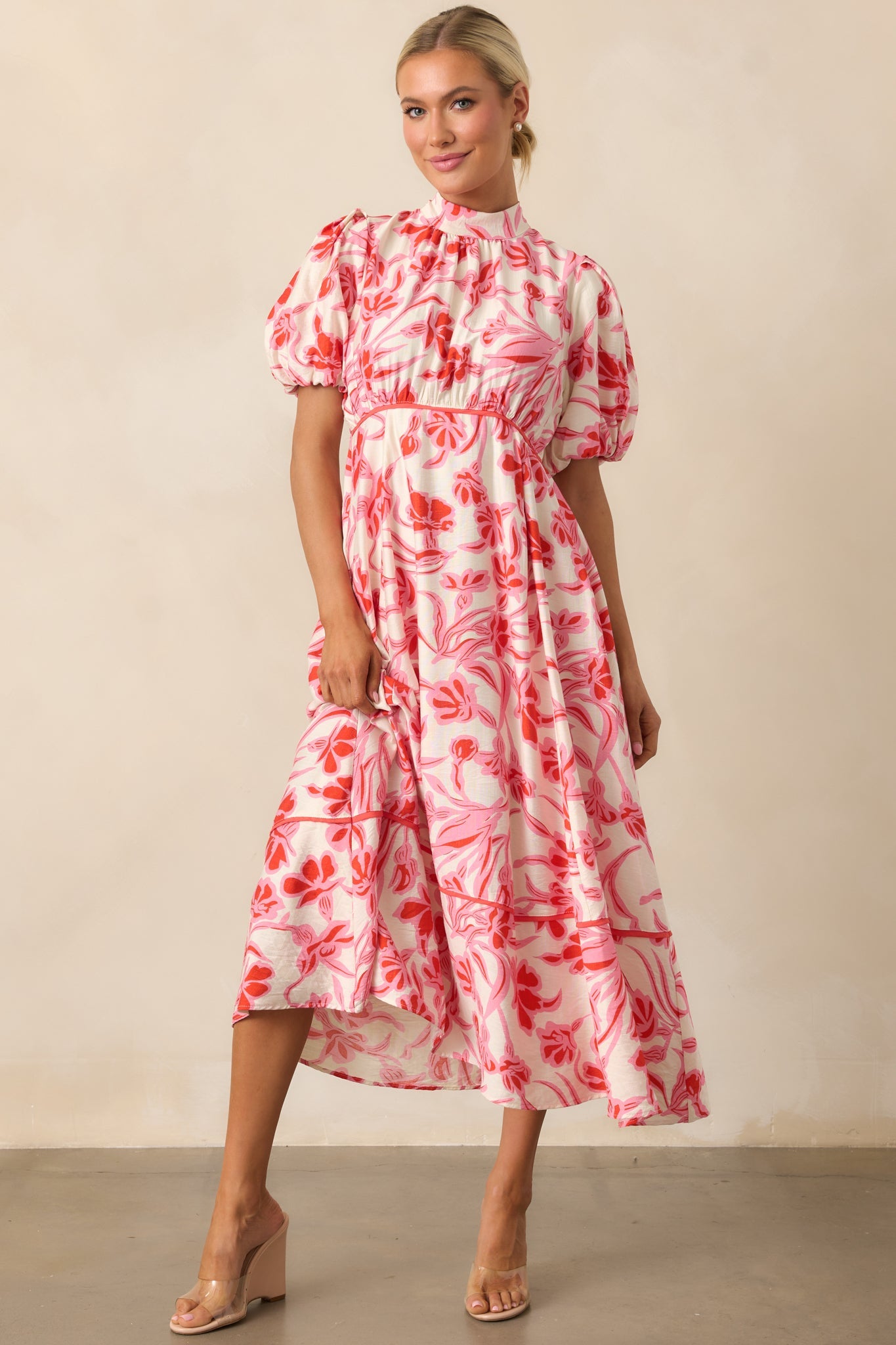 Blooming Season Pink Floral Puff Sleeve Midi Dress