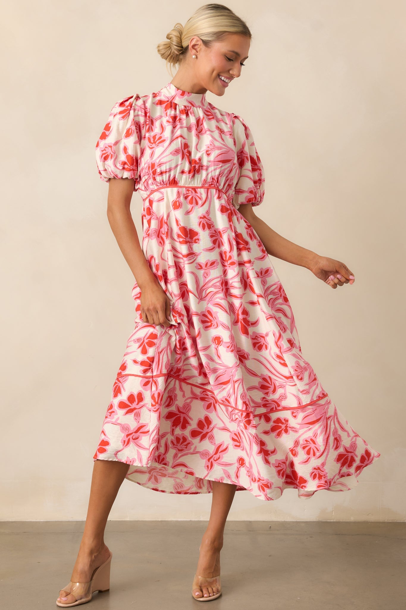 Blooming Season Pink Floral Puff Sleeve Midi Dress