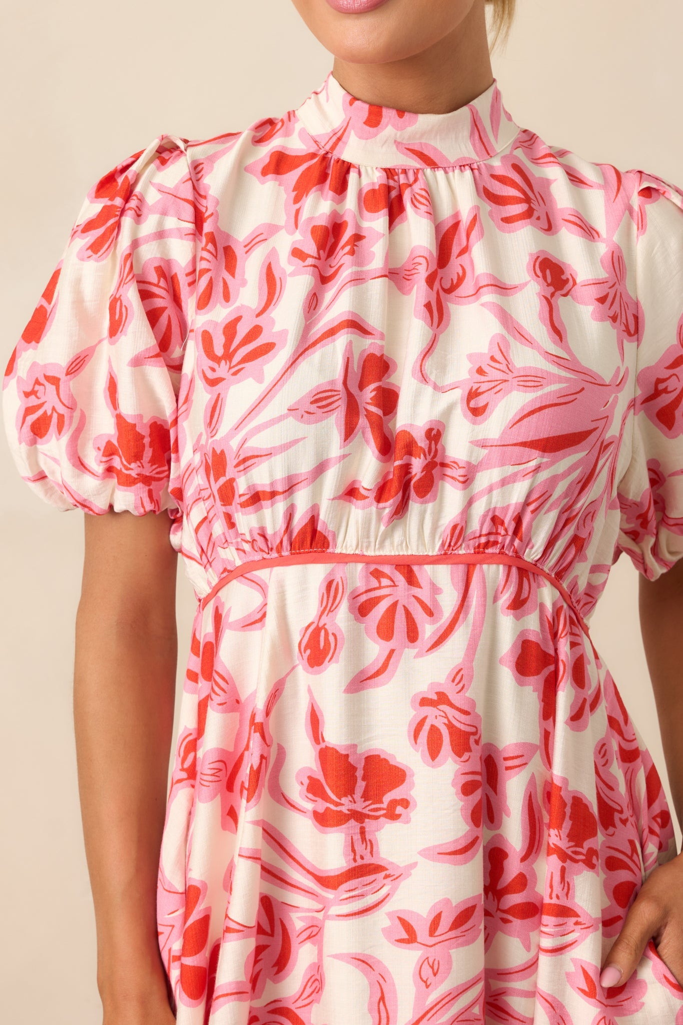 Blooming Season Pink Floral Puff Sleeve Midi Dress