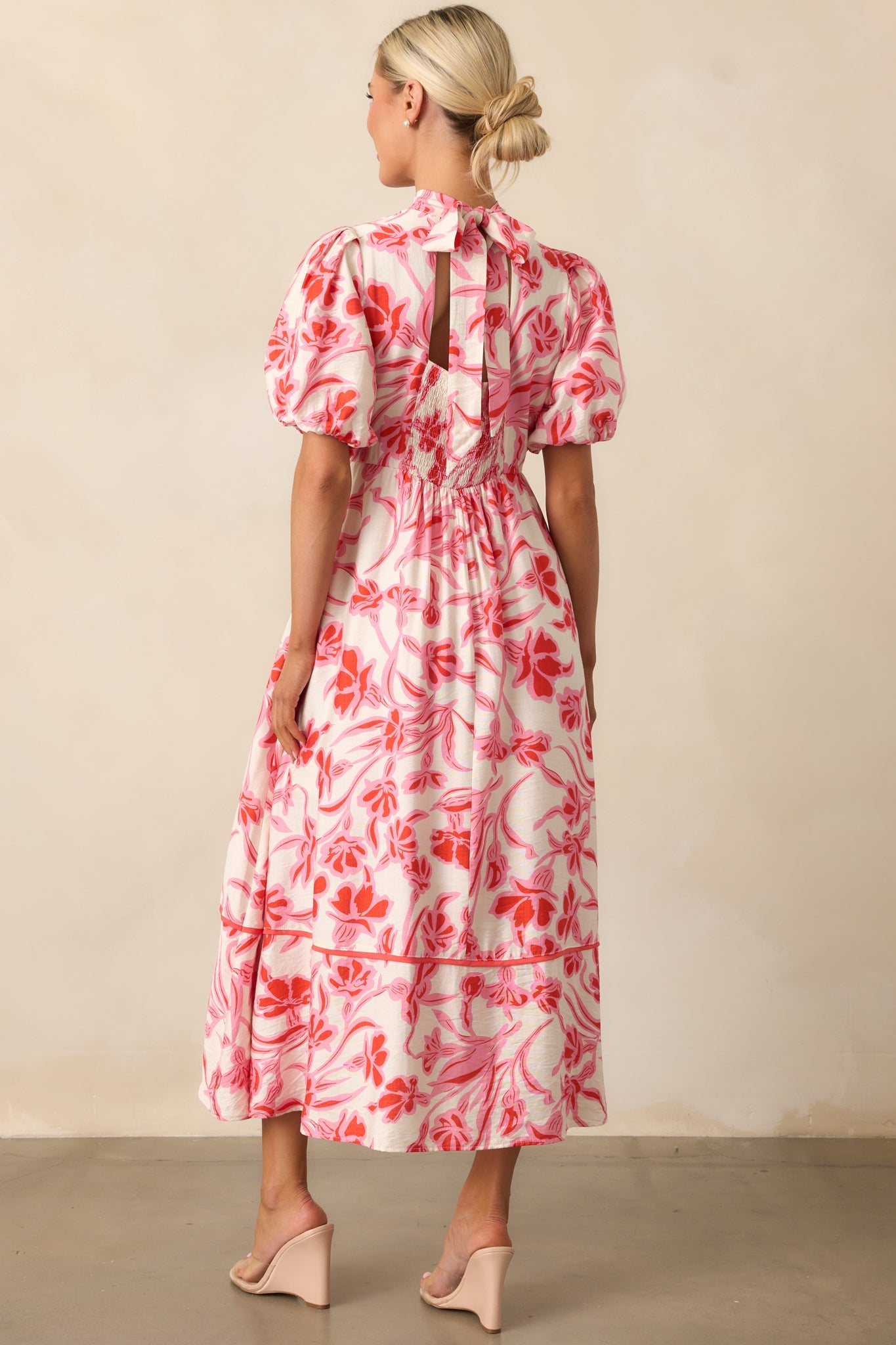 Blooming Season Pink Floral Puff Sleeve Midi Dress