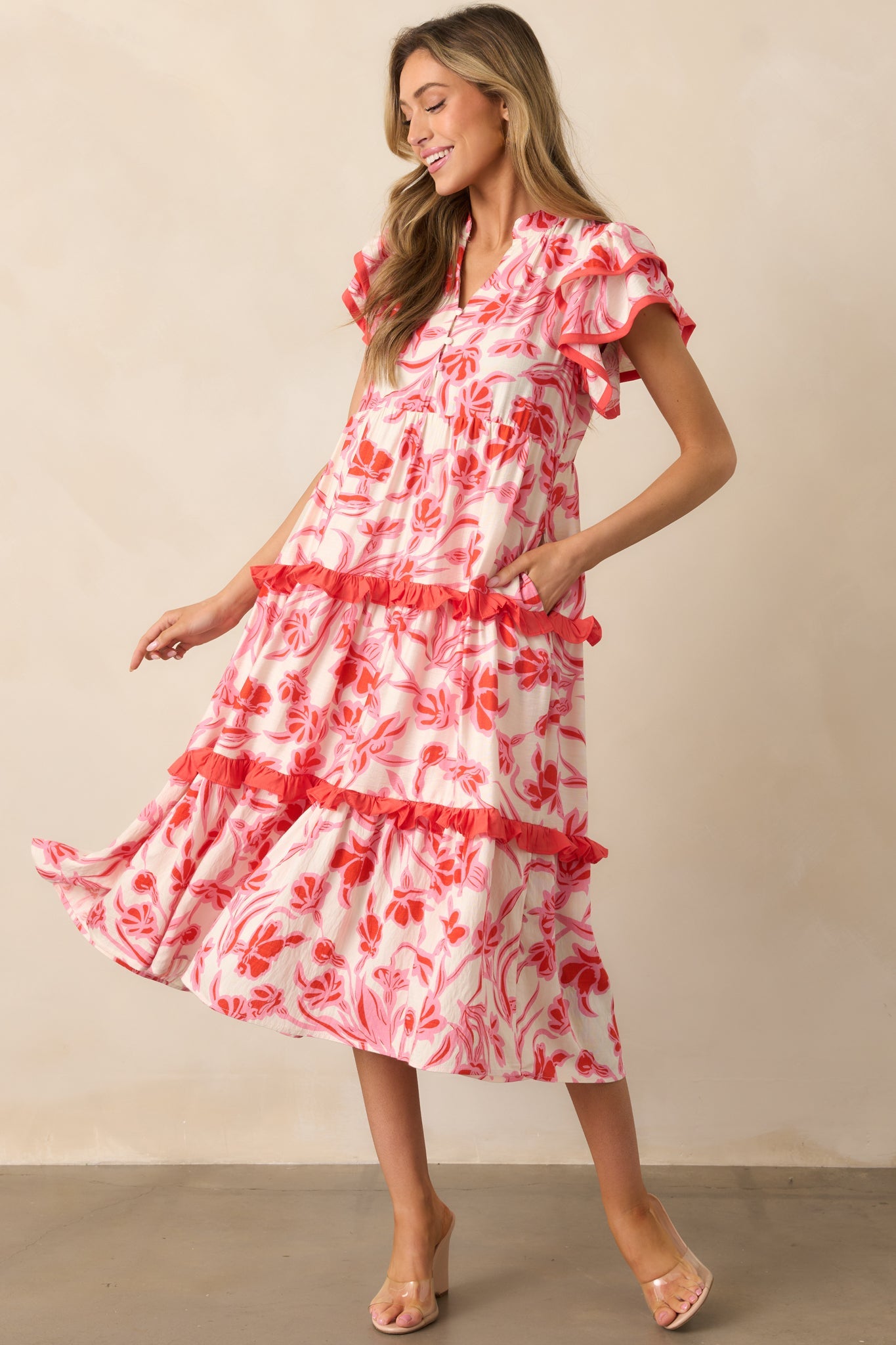 Just Right Pink Floral Flutter Sleeve Midi Dress