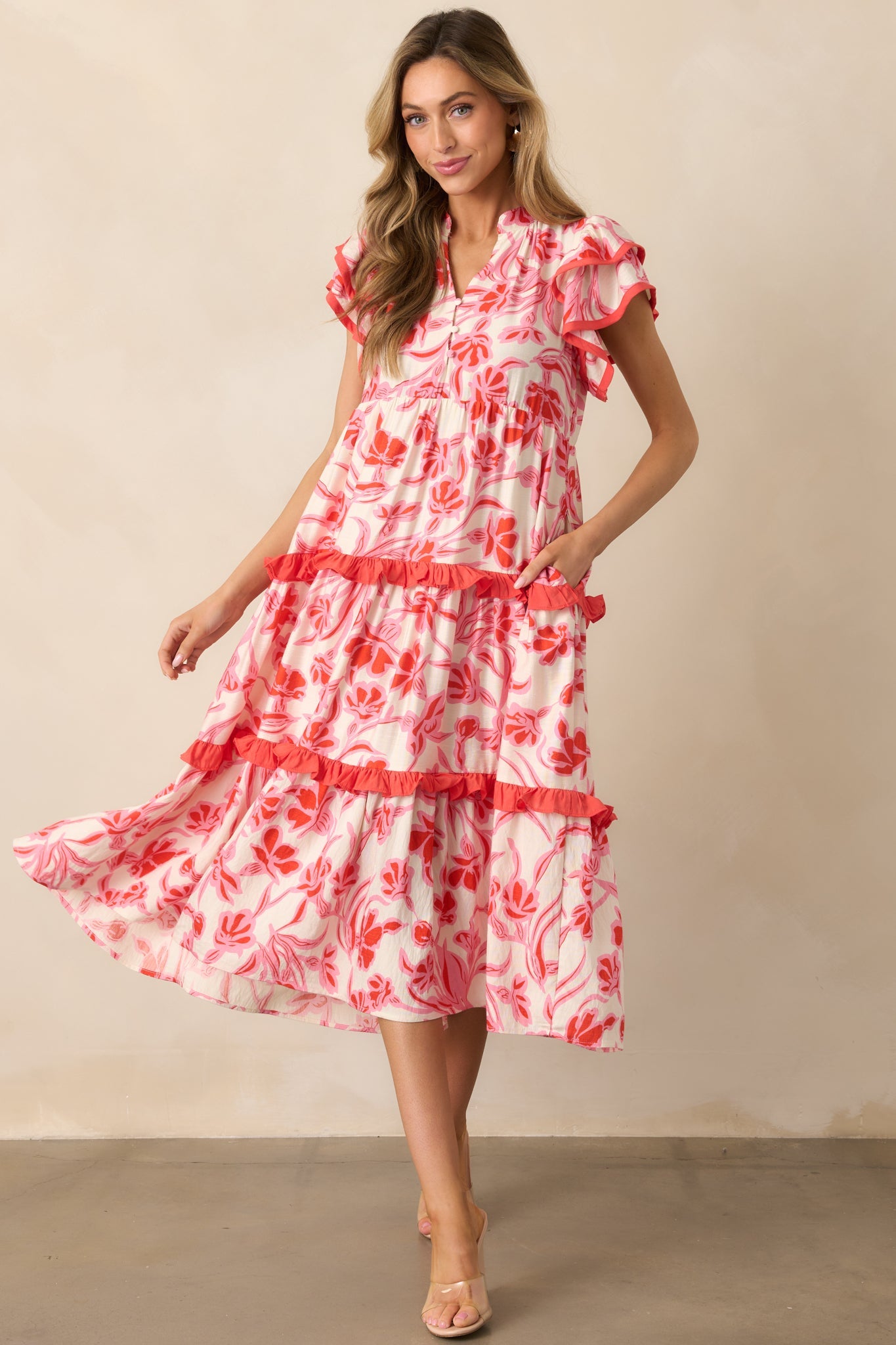 Just Right Pink Floral Flutter Sleeve Midi Dress