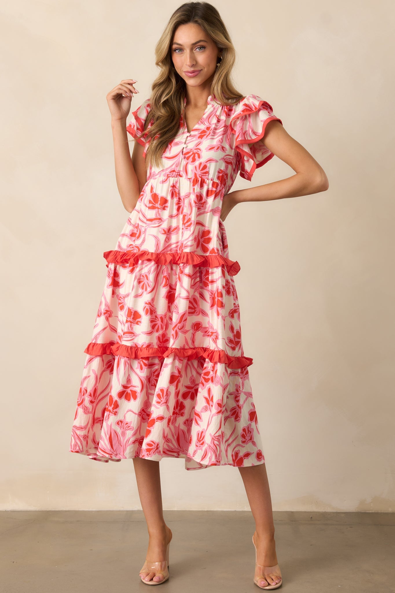 Just Right Pink Floral Flutter Sleeve Midi Dress