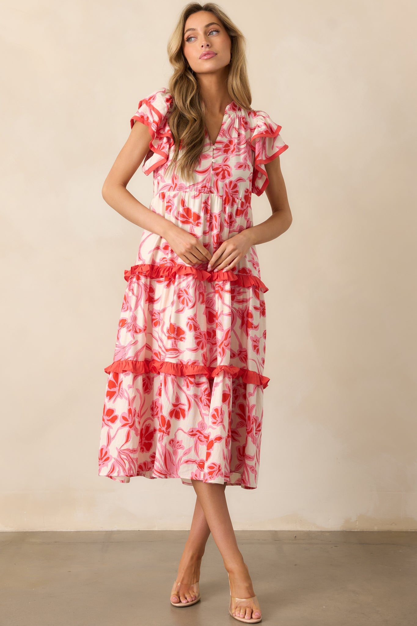 Just Right Pink Floral Flutter Sleeve Midi Dress