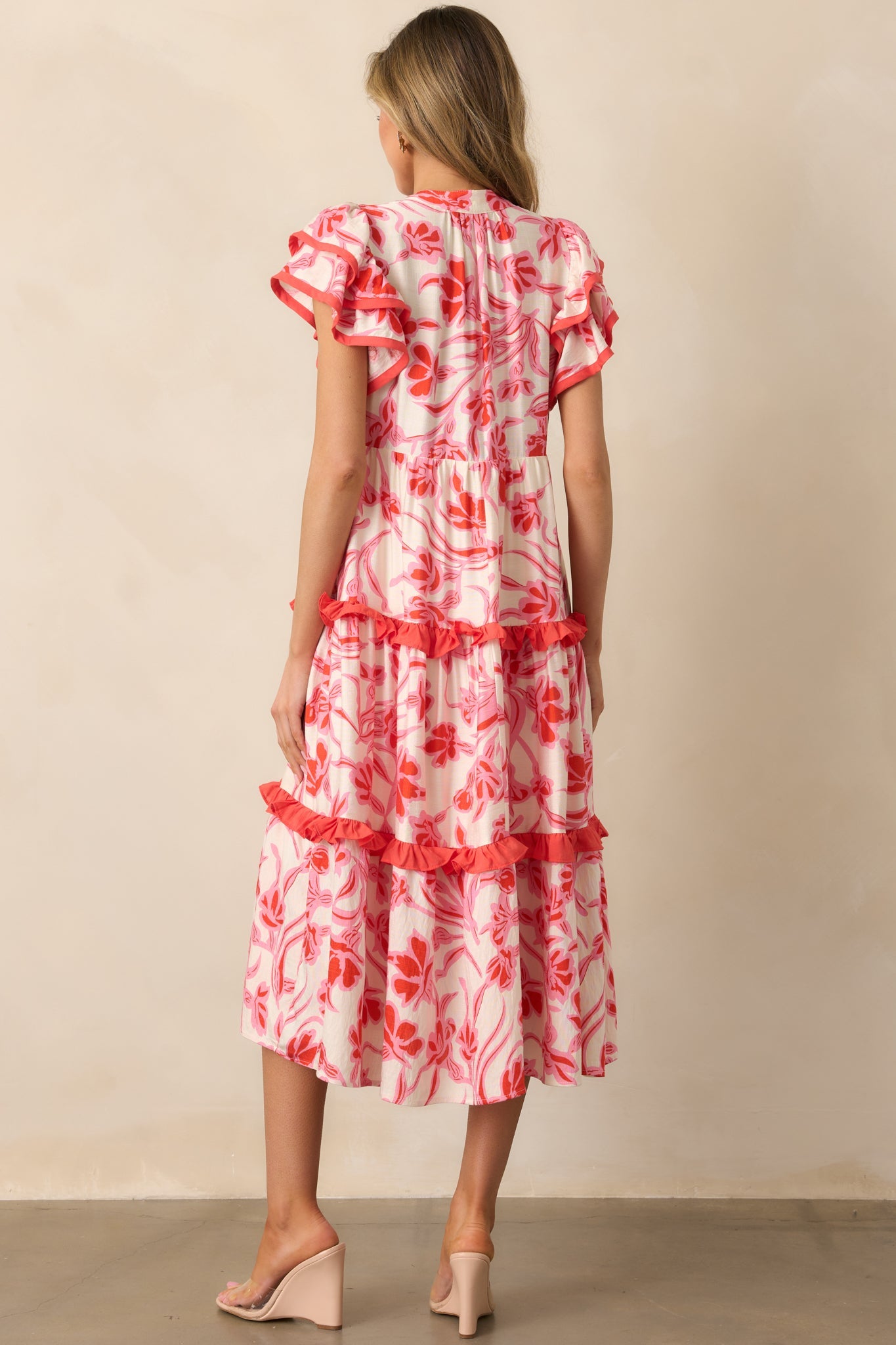 Just Right Pink Floral Flutter Sleeve Midi Dress