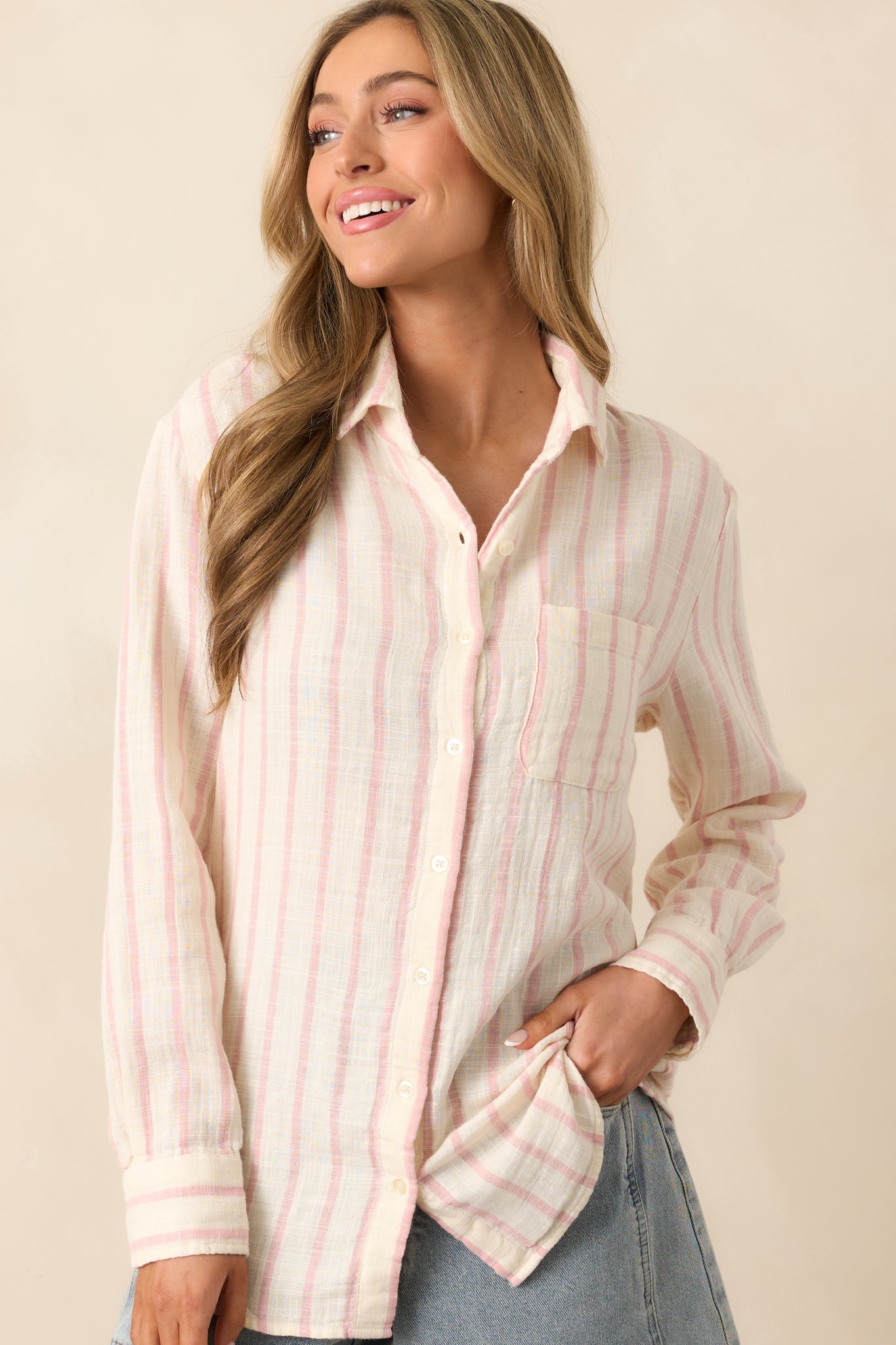Z Supply Ivory Cotton Saturdays Stripe Gauze Shirt