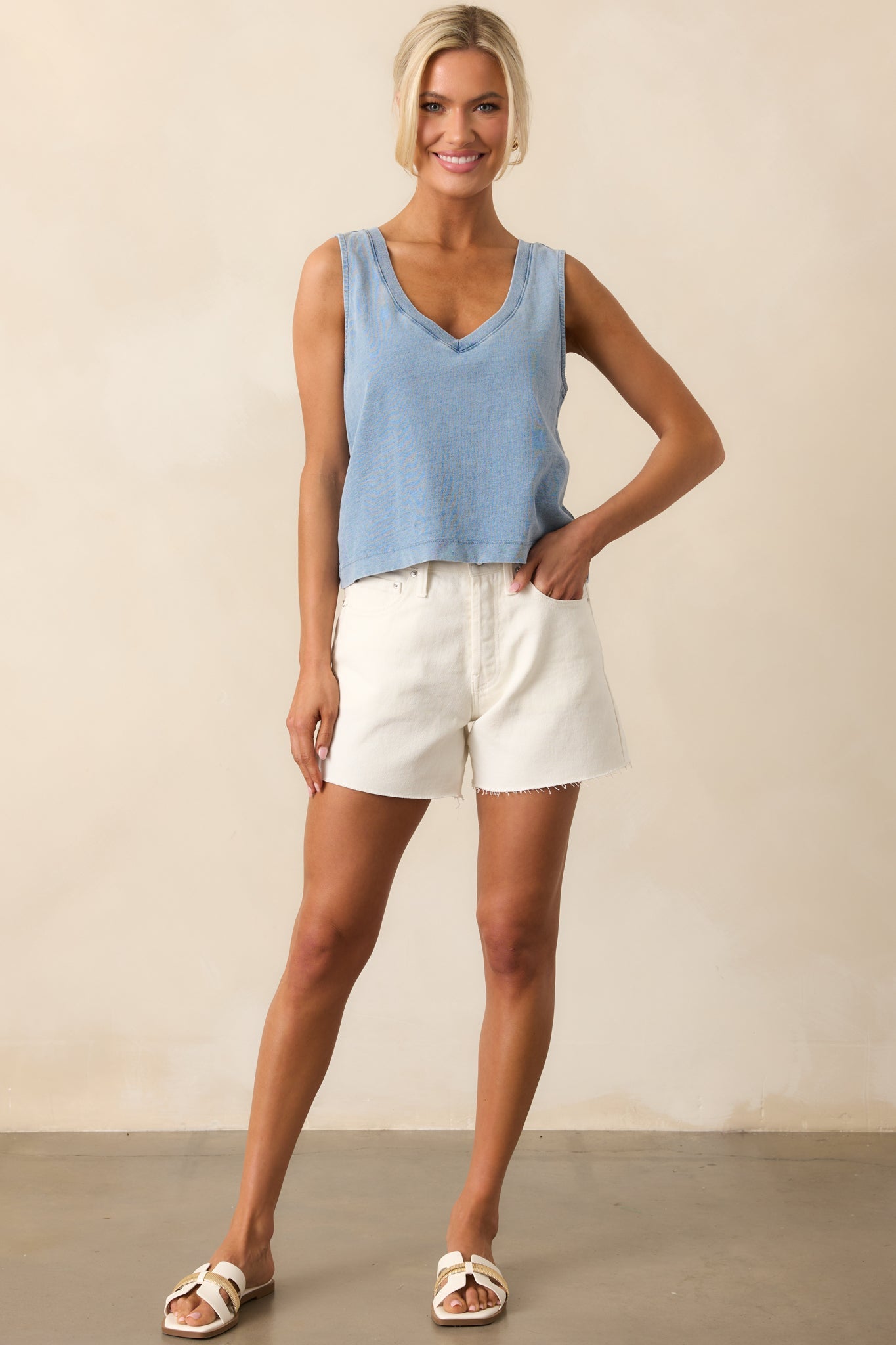 Z Supply Medium Indigo Sloane V-Neck Denim Top