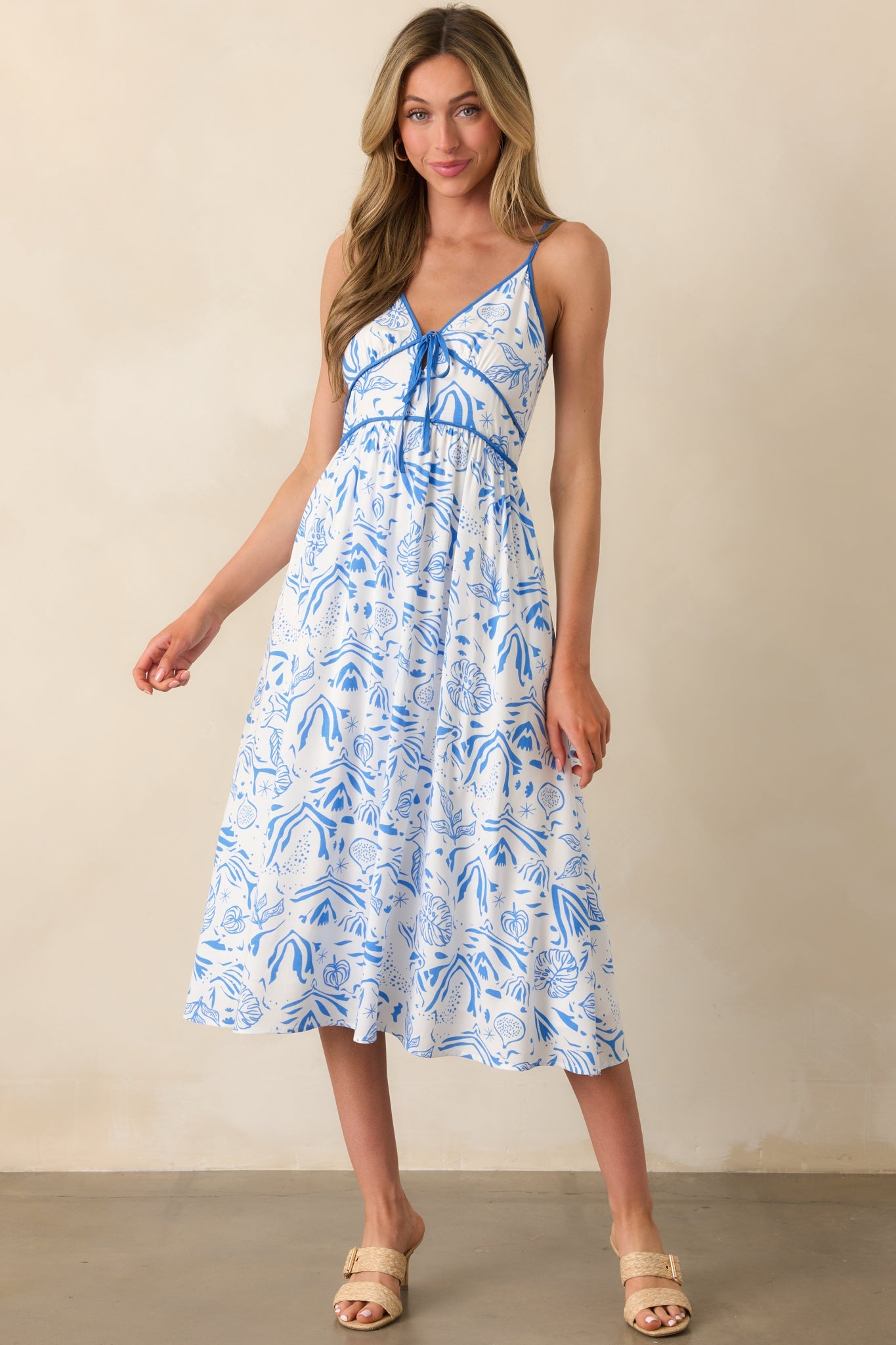Drifting With The Wind Blue Tropical Print Midi Dress