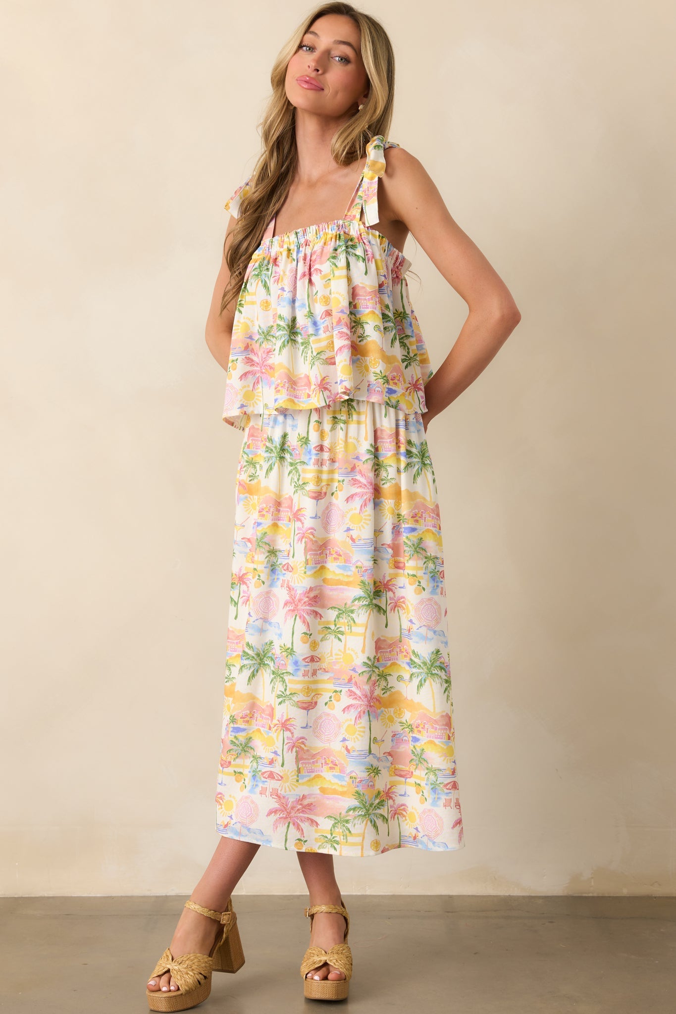 Gone To The Coast Ivory Multi Tropical Print Linen Crop Top