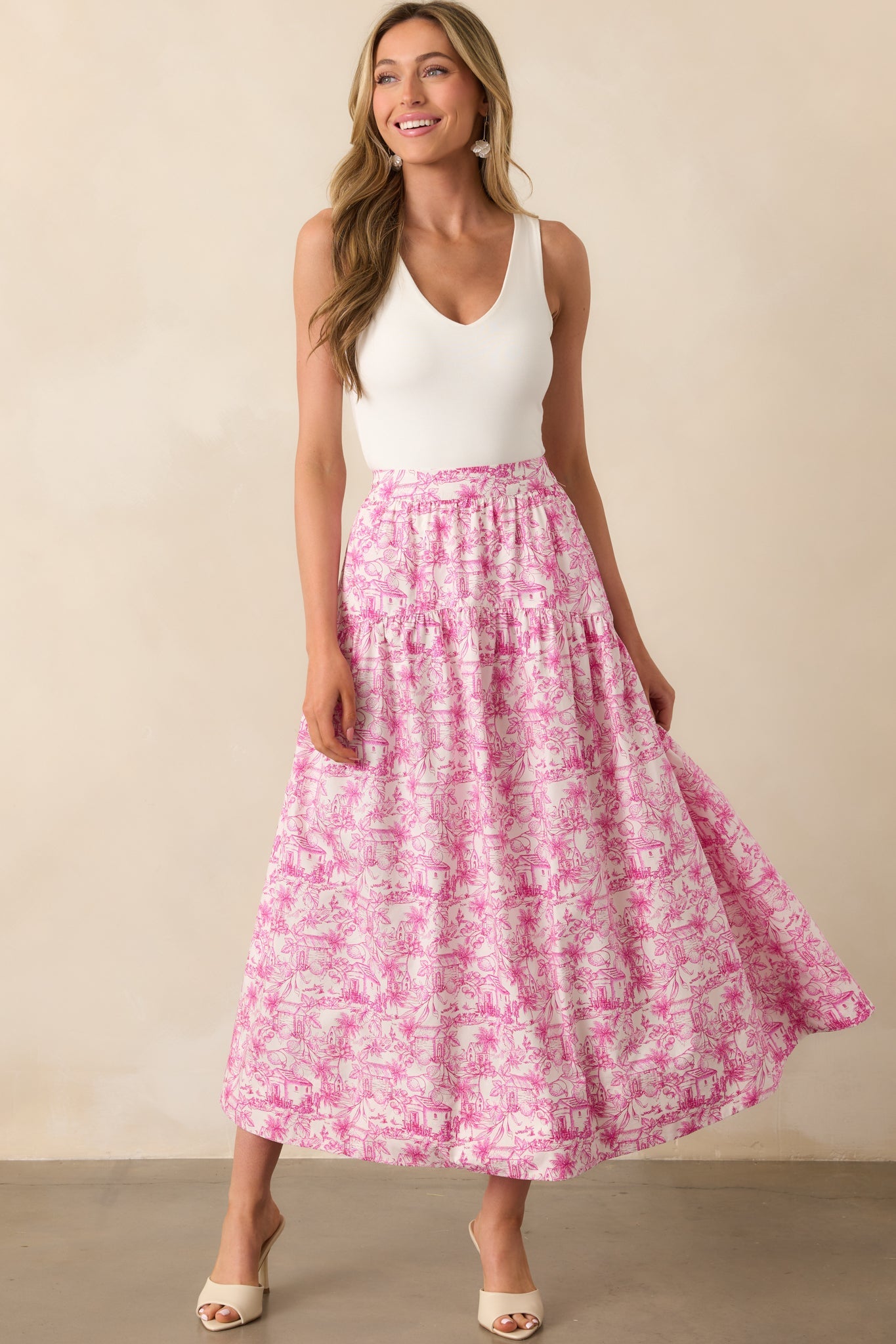 She Made Her Moment Pink Tropical Toile Print Cotton Maxi Skirt