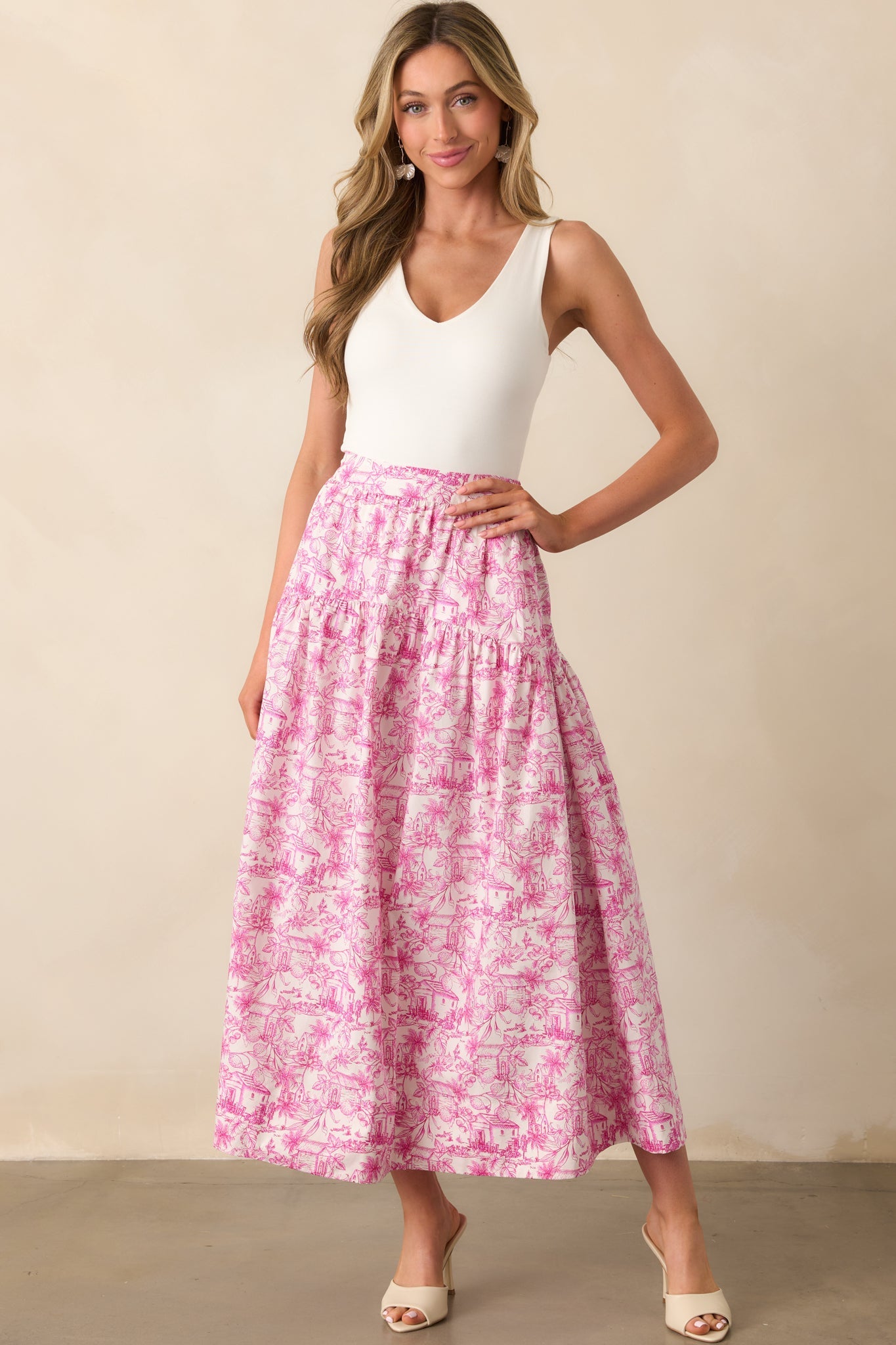 She Made Her Moment Pink Tropical Toile Print Cotton Maxi Skirt