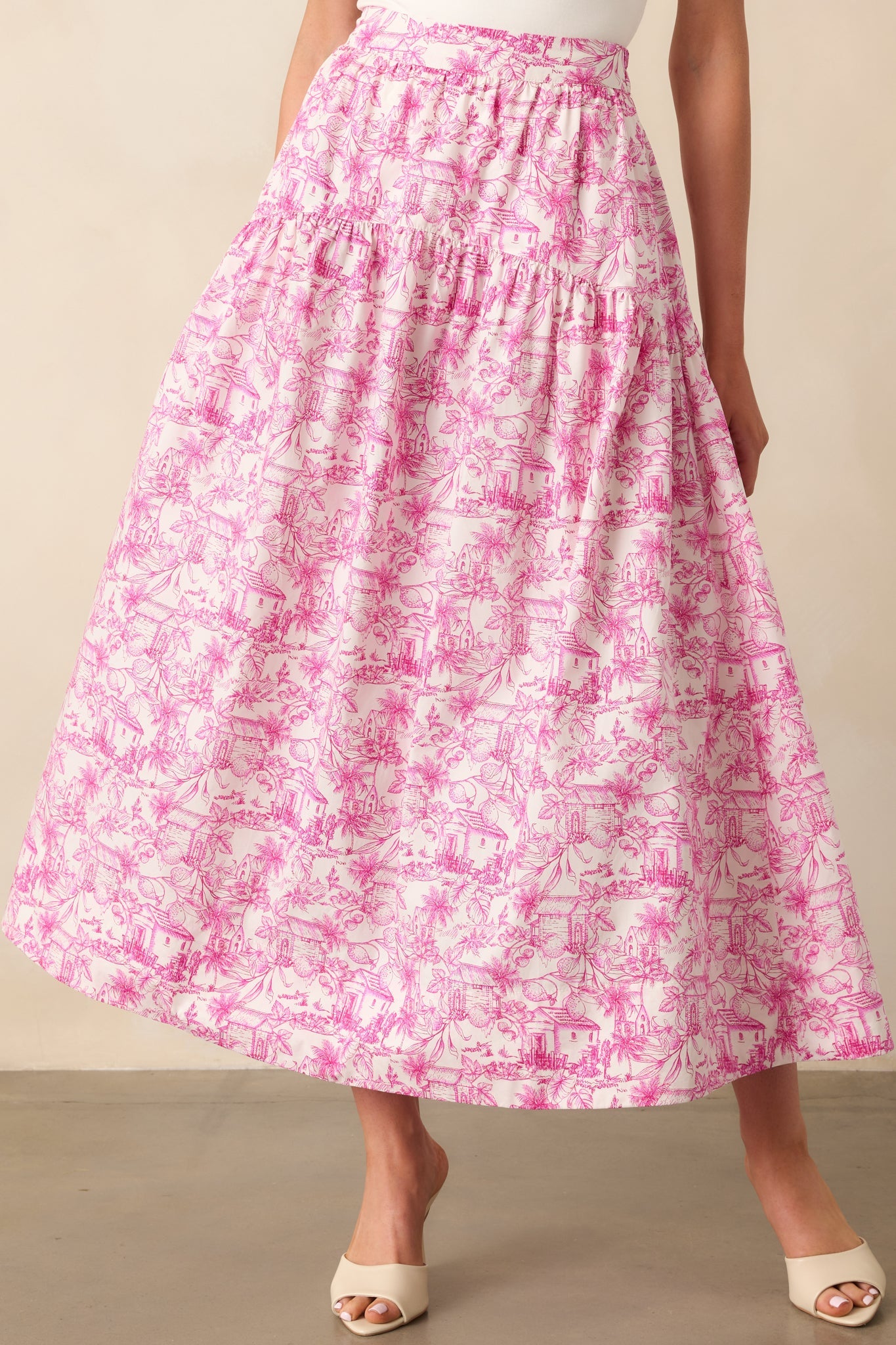 She Made Her Moment Pink Tropical Toile Print Cotton Maxi Skirt