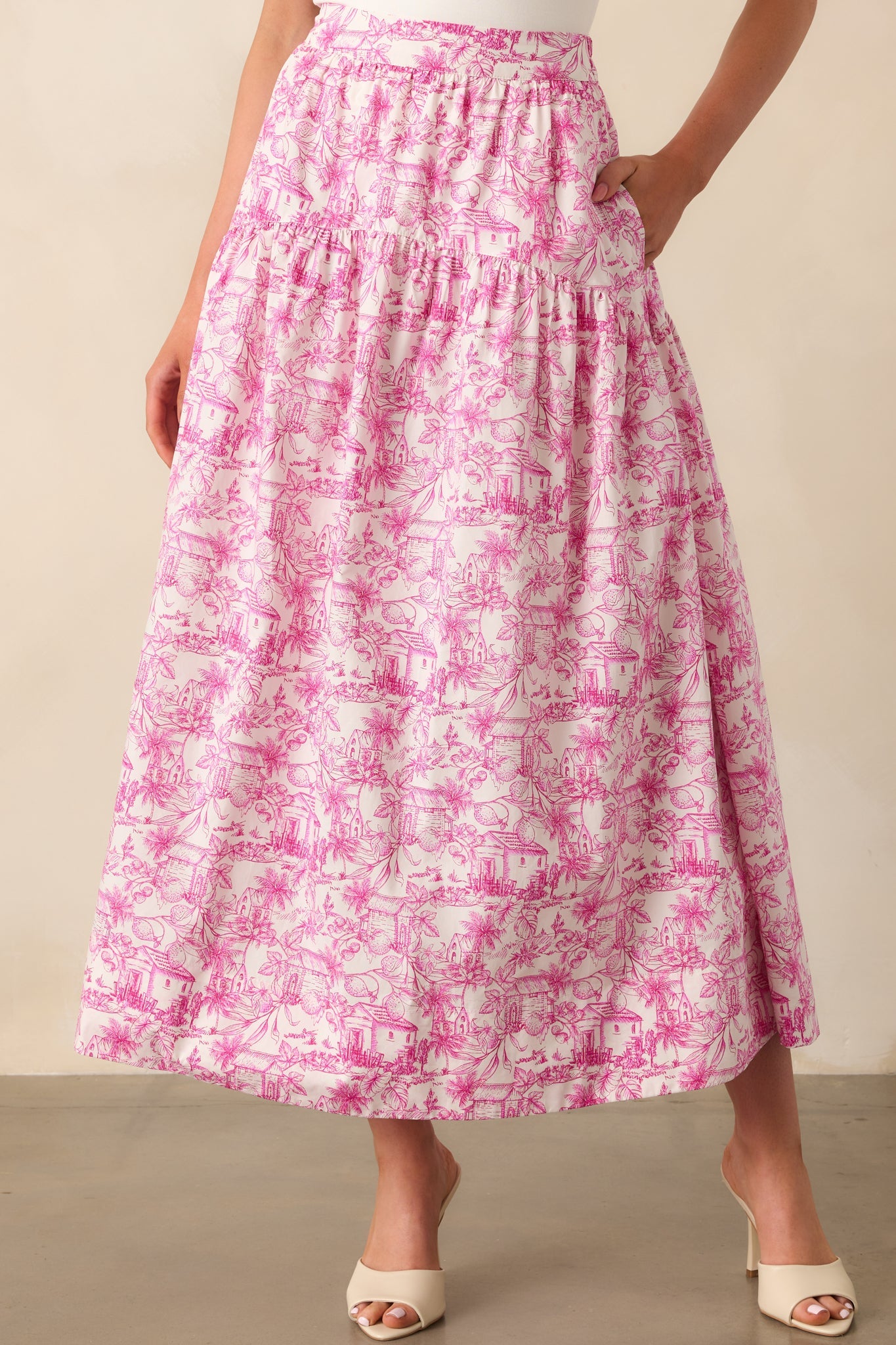 She Made Her Moment Pink Tropical Toile Print Cotton Maxi Skirt