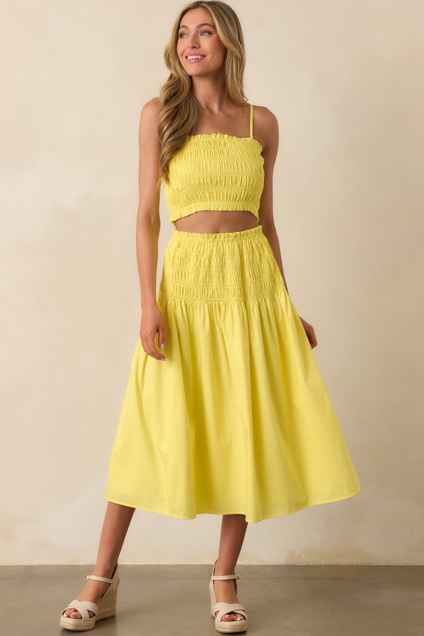 Ease Your Mind Bright Yellow Smocked Drop Waist Midi Skirt