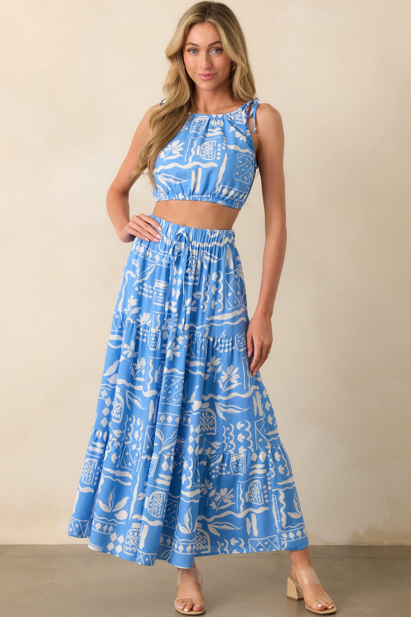 Where The Good Energy Is Blue Tropical Print Rayon Maxi Skirt