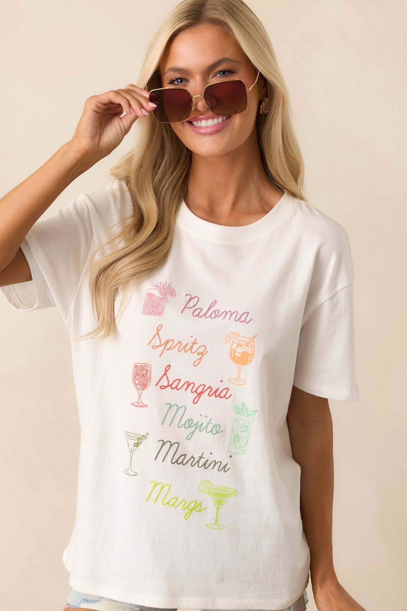 Z Supply Ivory Cotton Embroidered Cocktails Boyfriend Tee