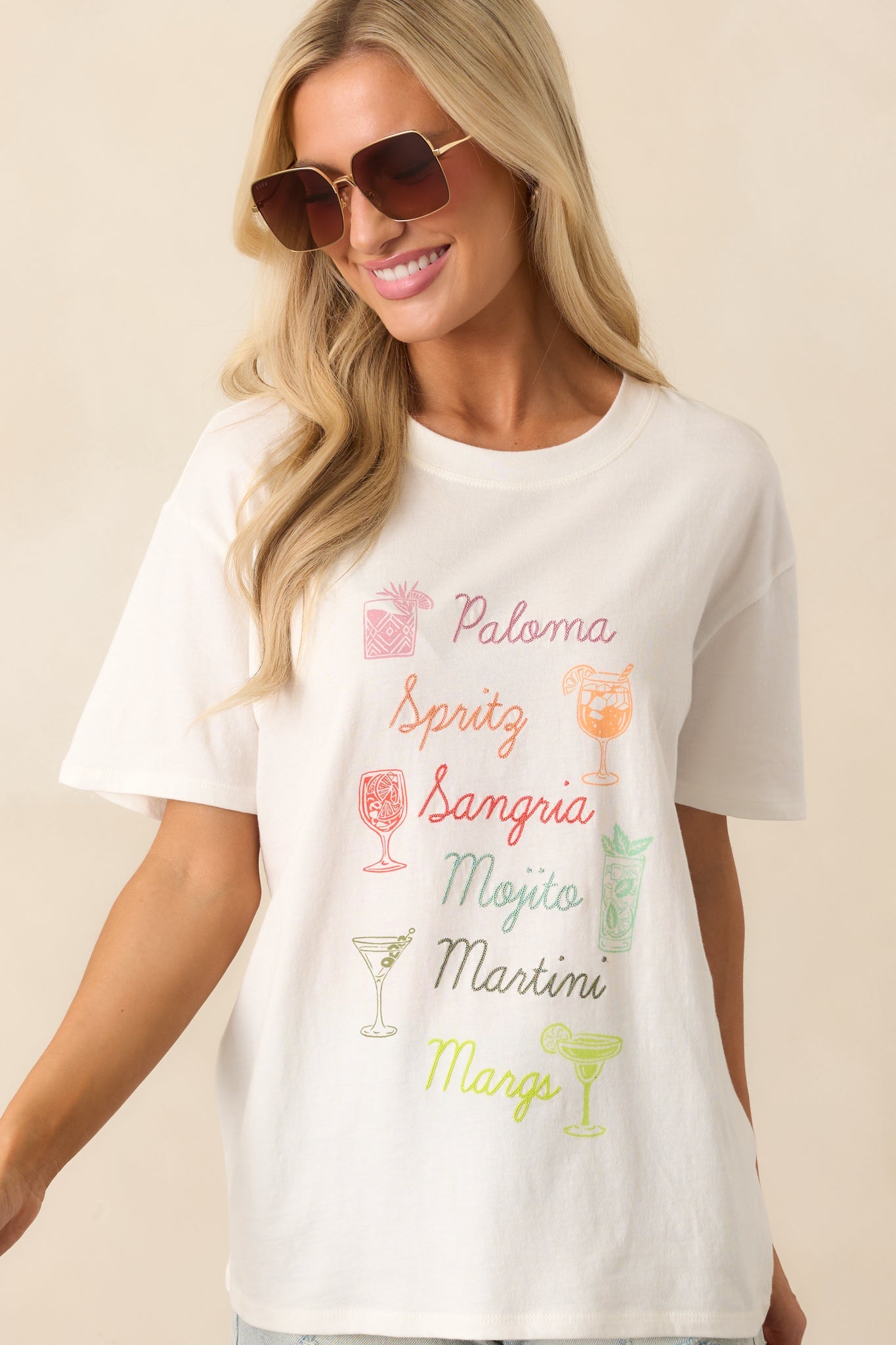Z Supply Ivory Cotton Embroidered Cocktails Boyfriend Tee